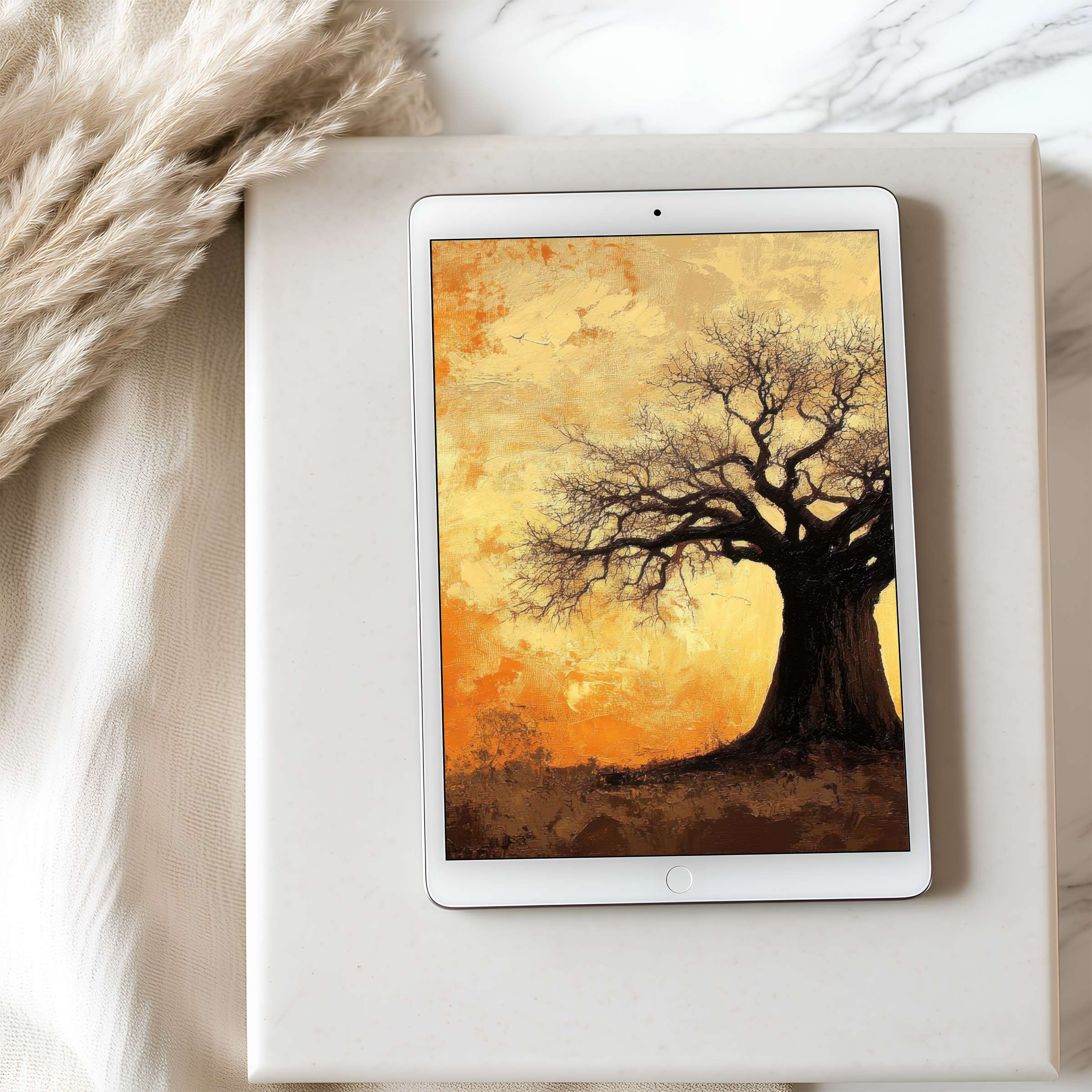 Tablet wallpaper featuring a majestic tree silhouette against a warm golden abstract background perfect for iPad high resolution download