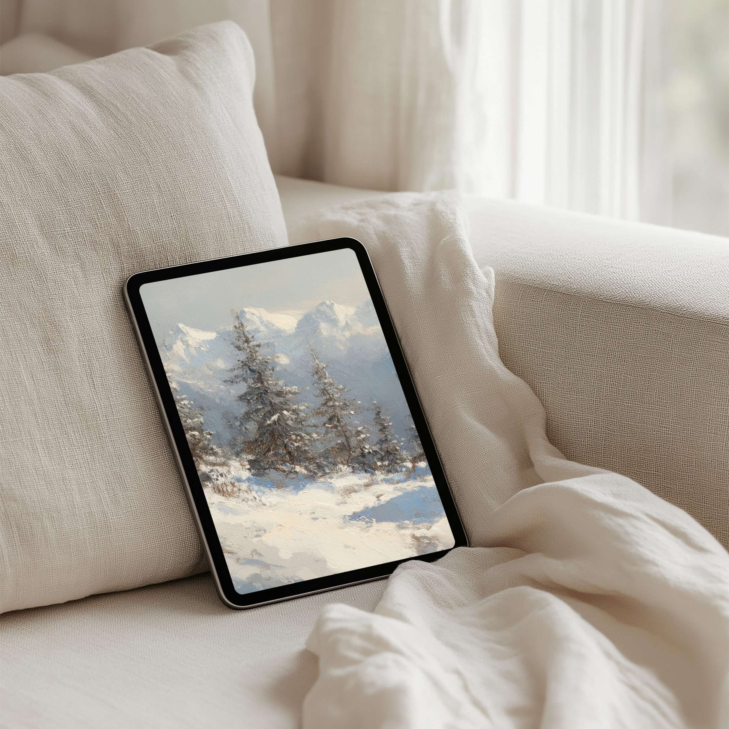 Elegant winter landscape iPad background offers instant download for tablets creating a serene space for mindfulness and inspiration