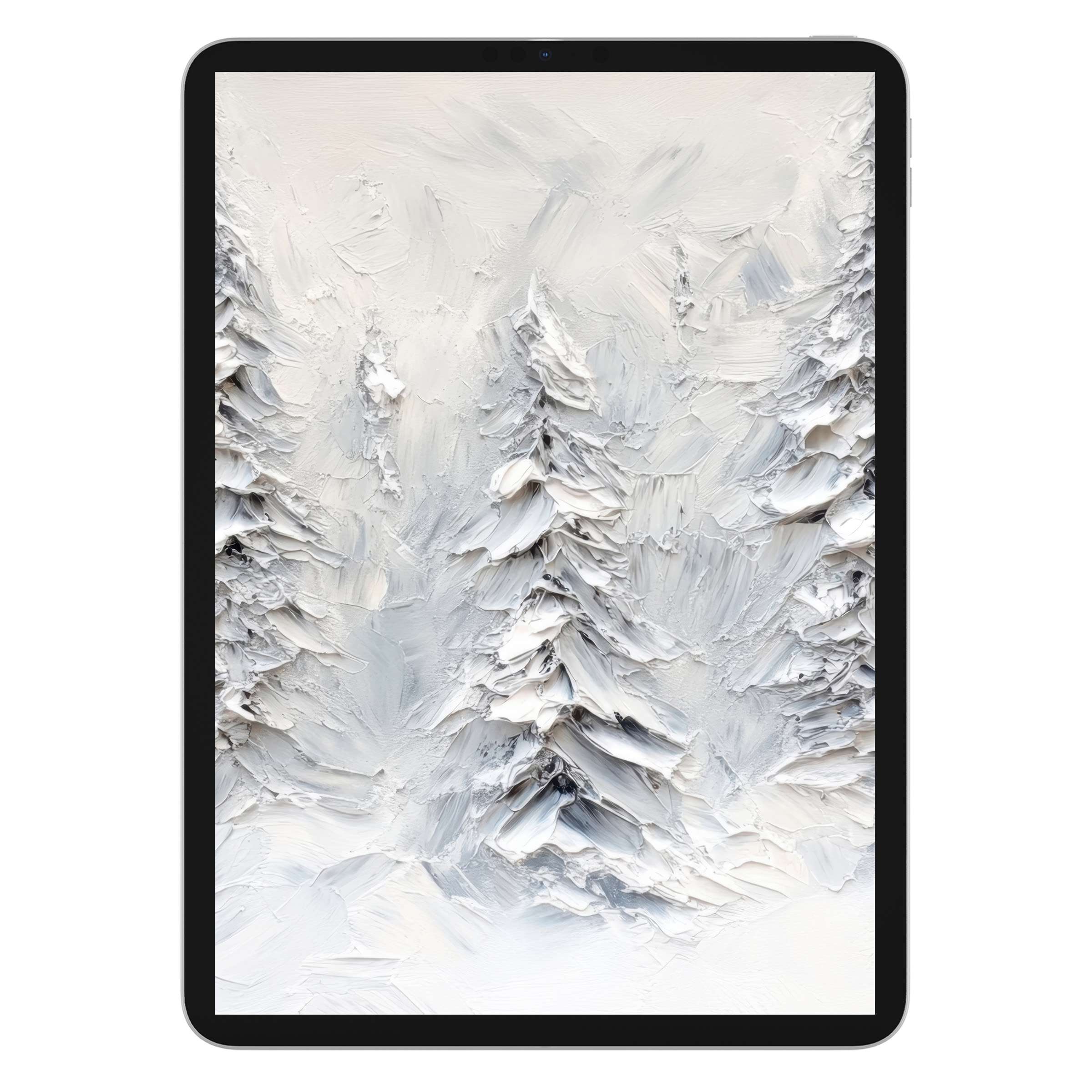 Elegant tree iPad wallpaper designed for tablets, featuring textured white and grey brushstrokes, digital download offering serenity and style