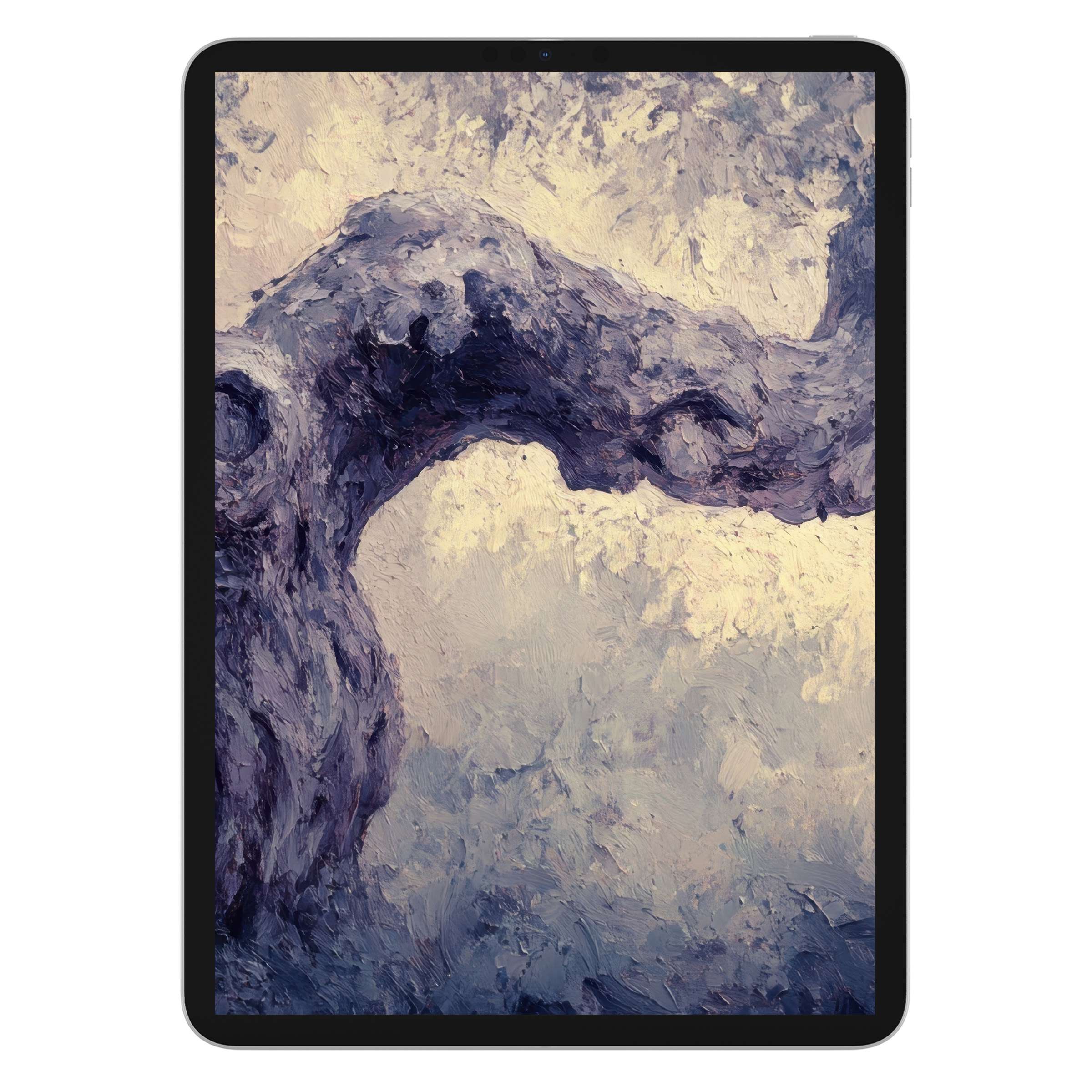 Elegant tree iPad wallpaper digital download with textured brushstrokes; calming, versatile background for any tablet display
