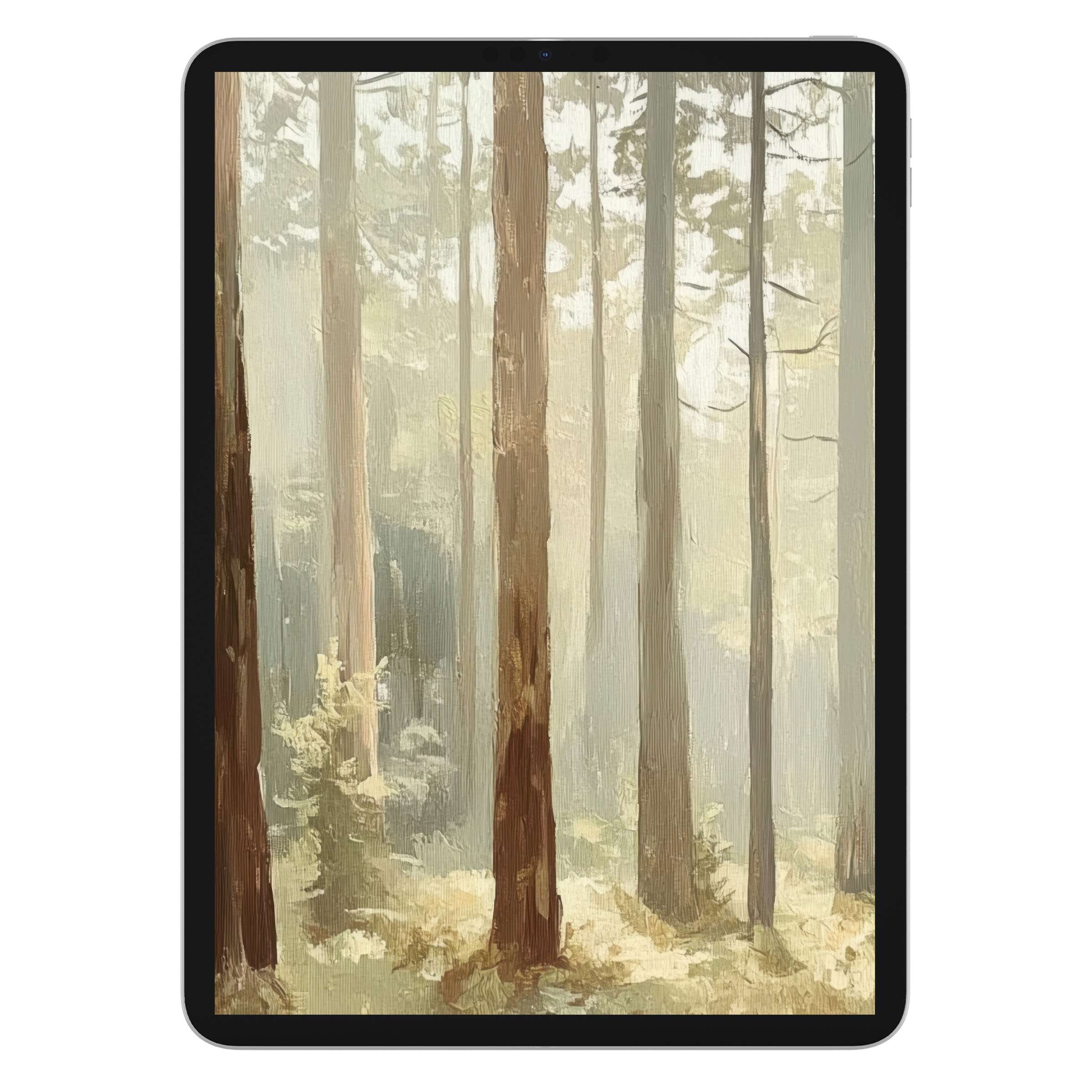 Elegant tree iPad wallpaper with misty forest background offers calm digital download for tablet use, enhancing serene tablet aesthetics