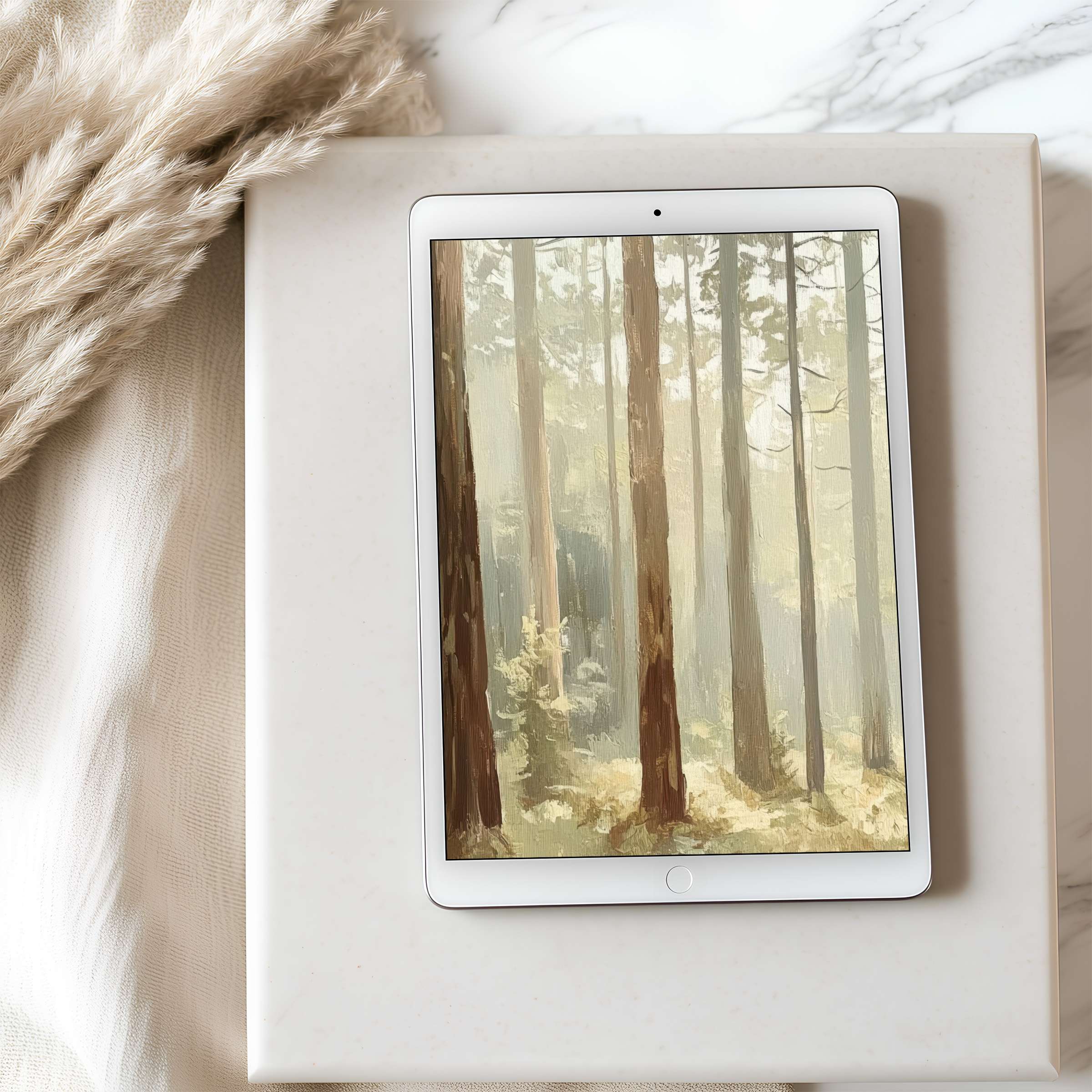 Elegant forest-themed tablet wallpaper with serene pastel hues offers high resolution for iPad and Android, a calming digital download