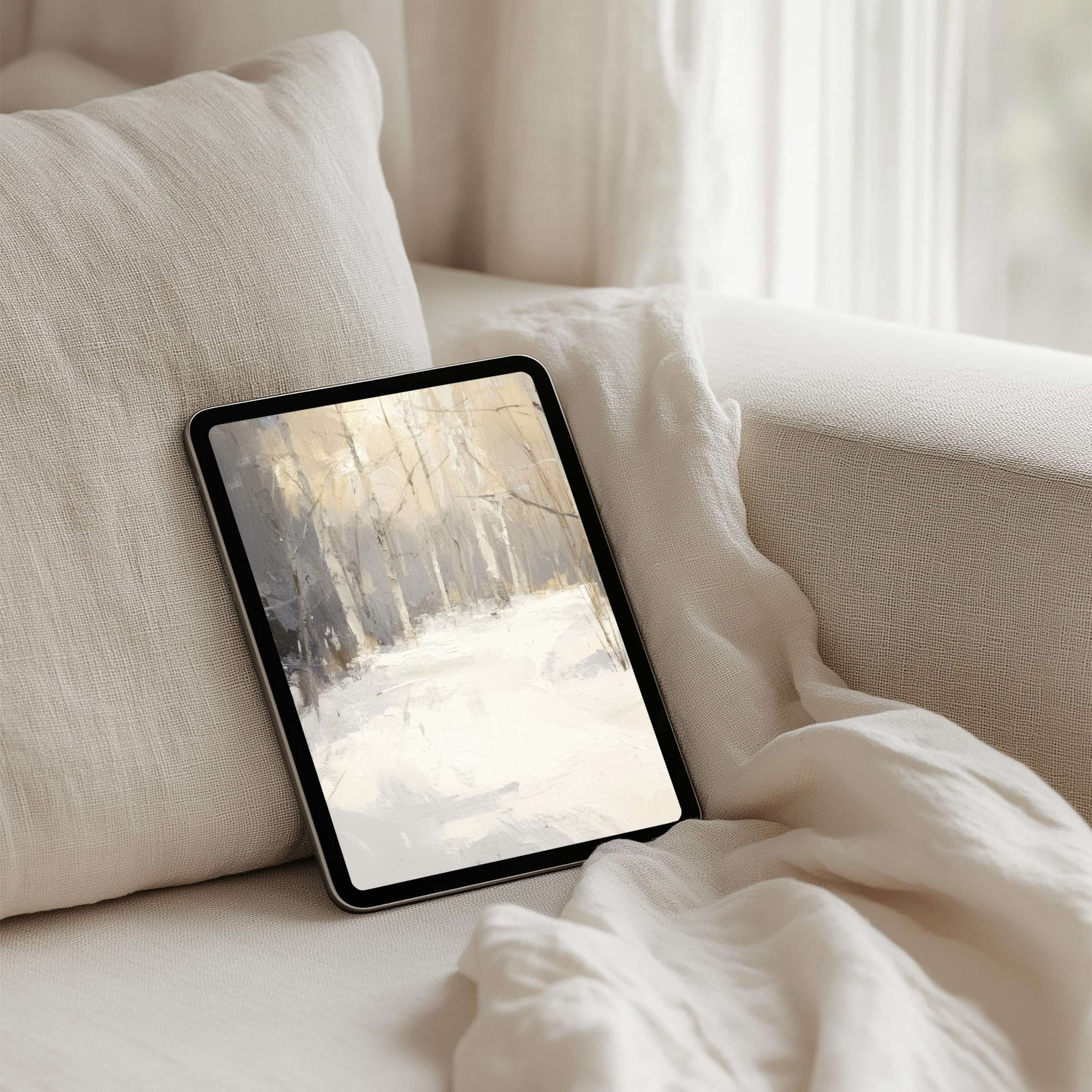 Minimalist iPad background featuring serene winter forest art for instant download on any tablet offering calm inspiration