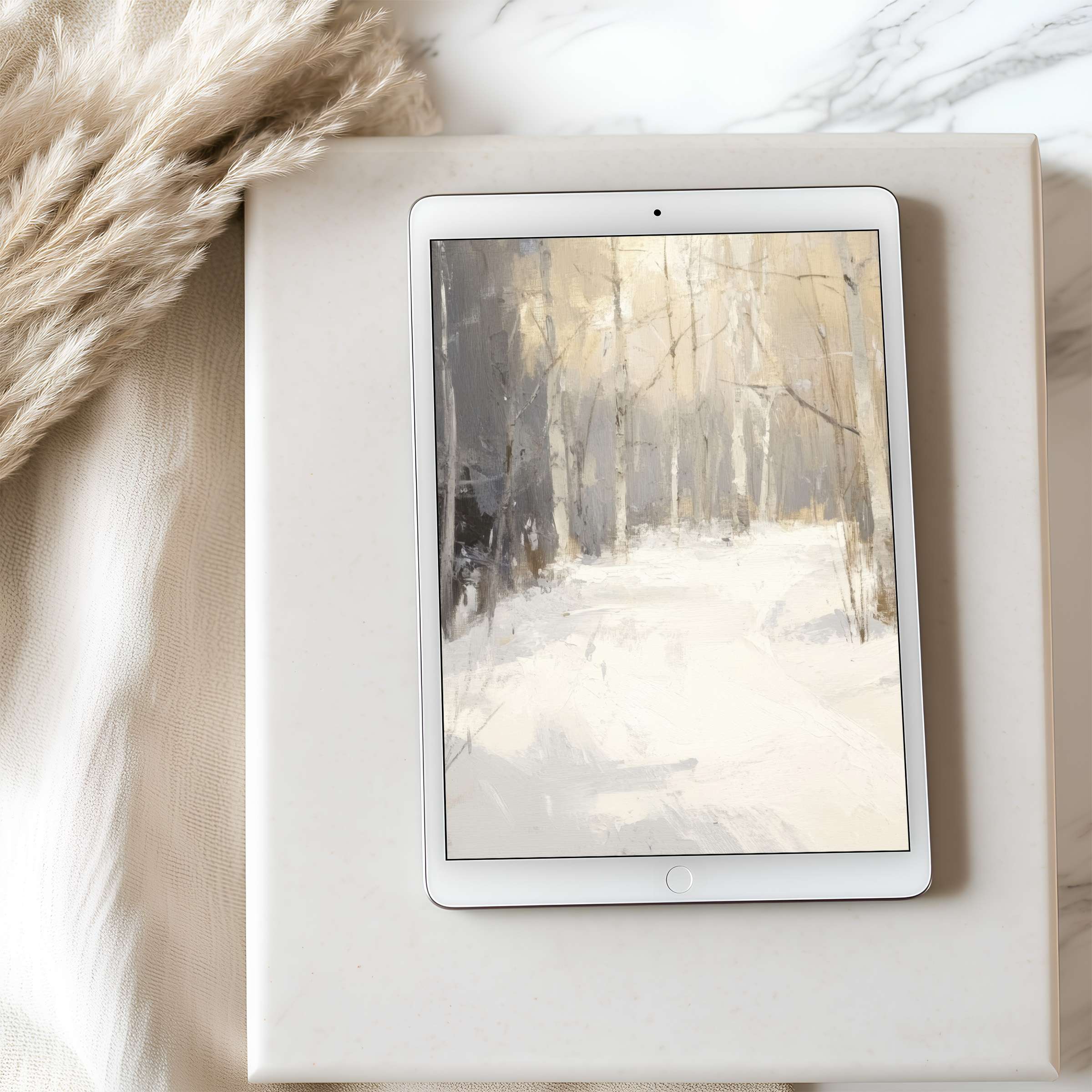 Elegant tablet wallpaper featuring a serene winter forest in soft neutrals, perfect for iPad and Android digital downloads
