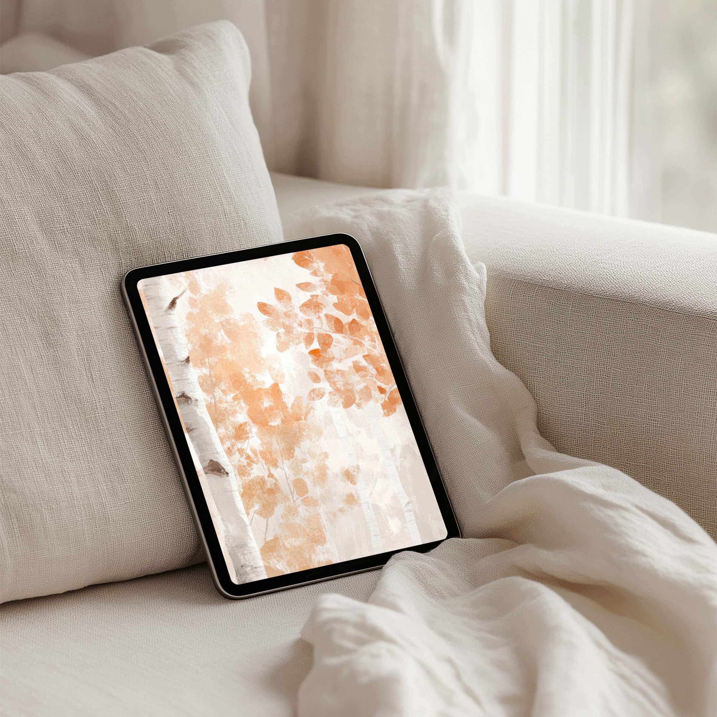 Elegant watercolor iPad background with earthy tones on tablet evokes calm and inspiration, perfect for instant download