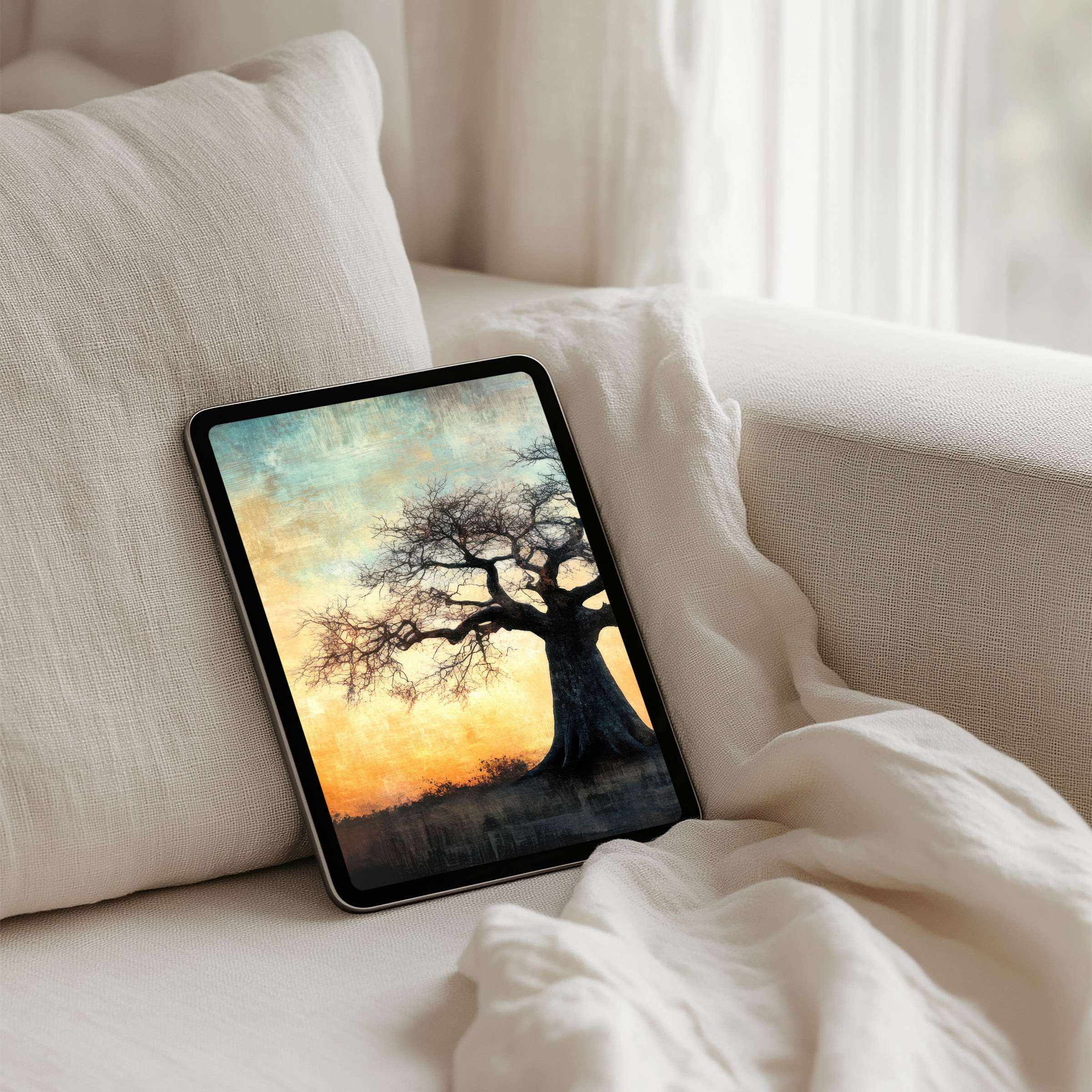 Serene sunset tree art iPad background for instant download enhances tablets with elegance and calm, fits all models seamlessly