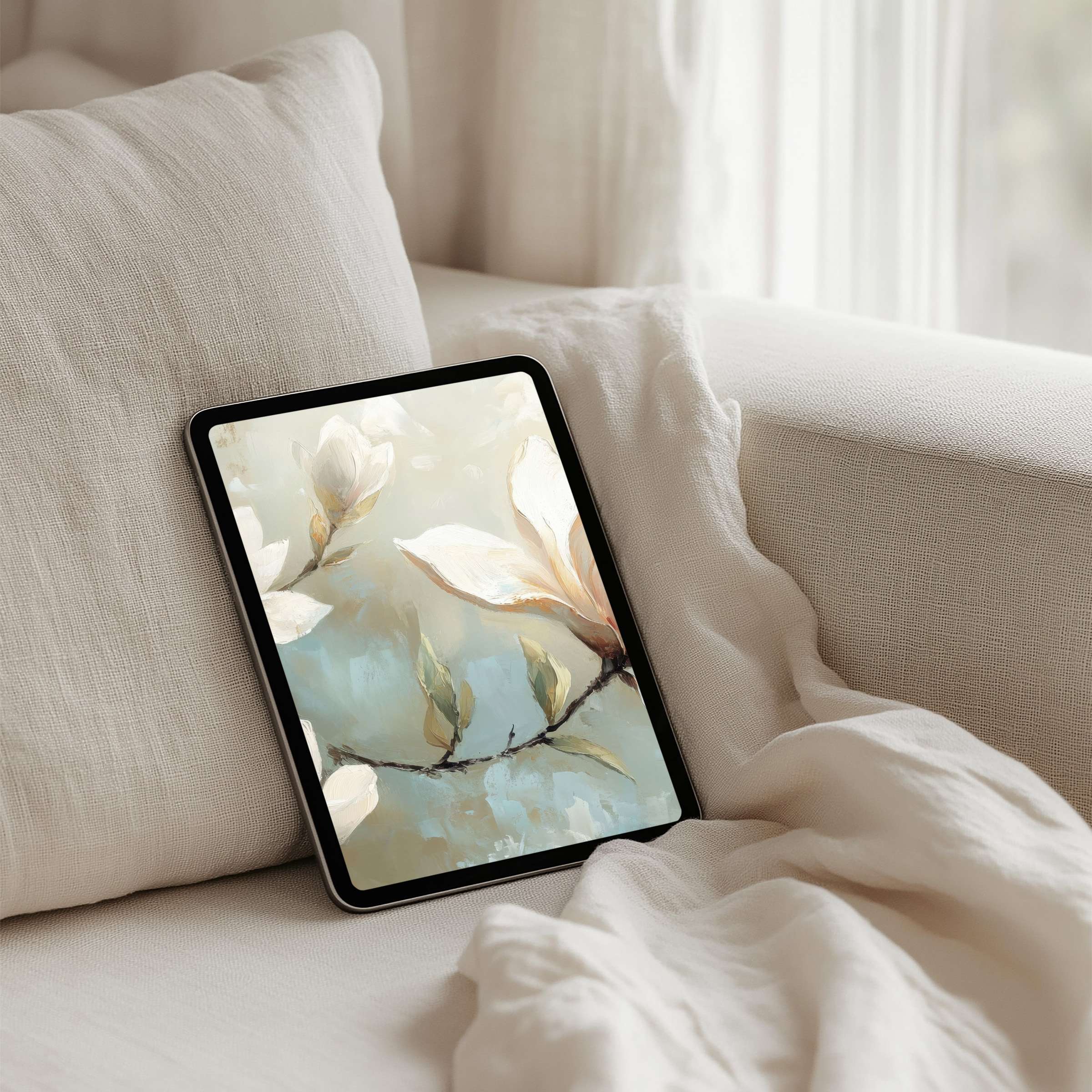 Elegant floral iPad background enhancing calm with soft pastel hues, perfect for Samsung and Android tablets instant download