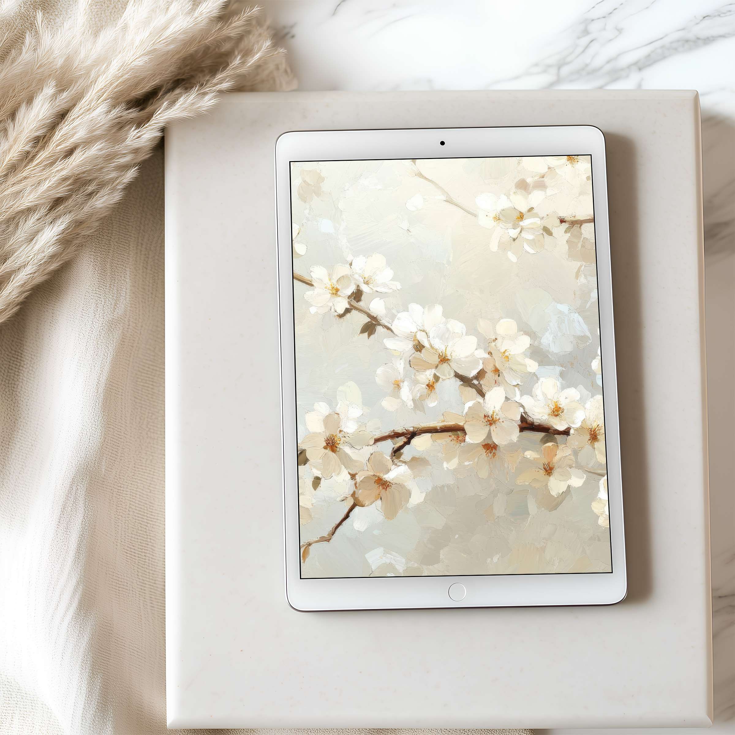 Elegant cherry blossoms in soft pastels create a serene tablet wallpaper, perfect for high resolution iPad and Android displays