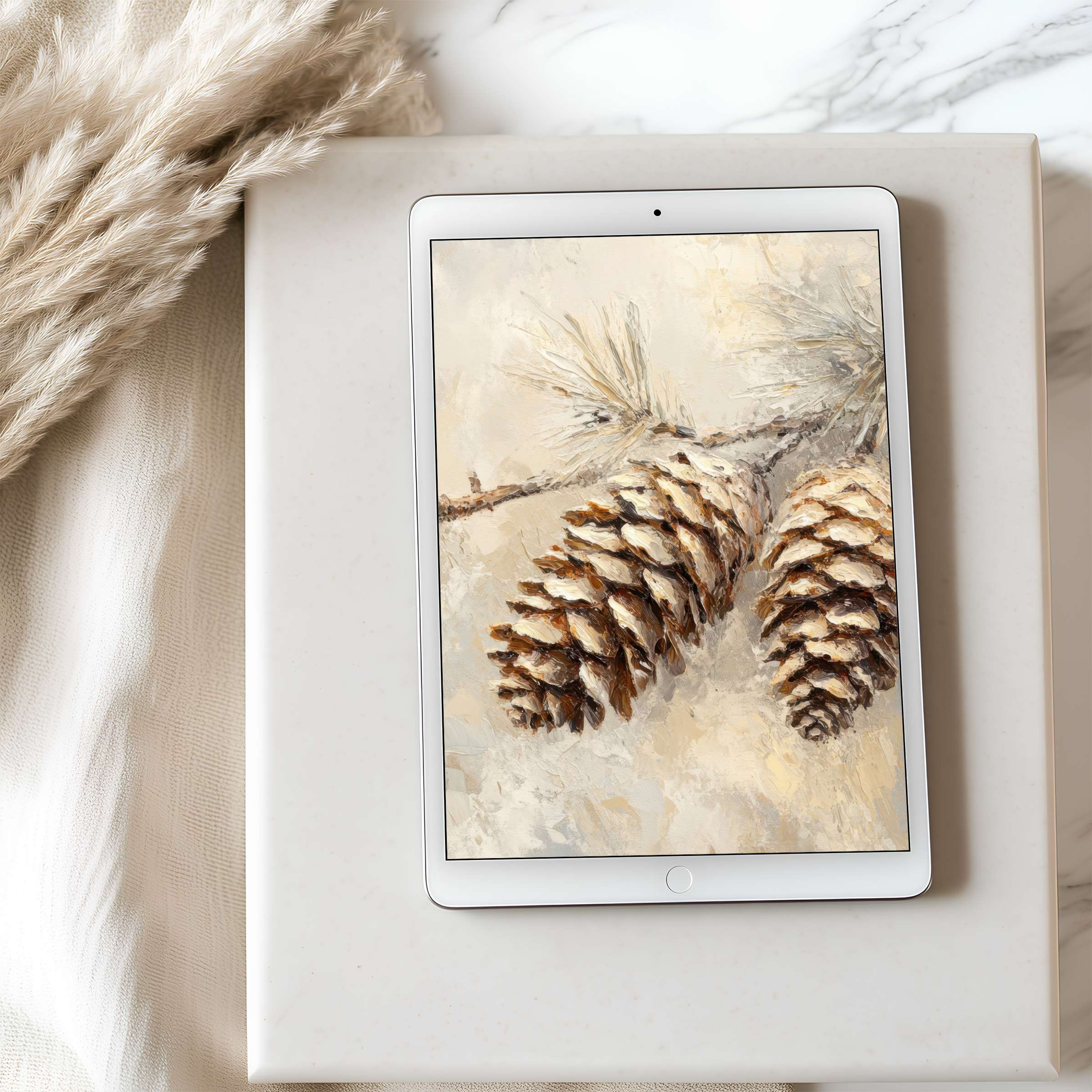 Elegant pinecone artwork tablet wallpaper on iPad, featuring earthy tones and textures, perfect for tranquil digital download ambiance