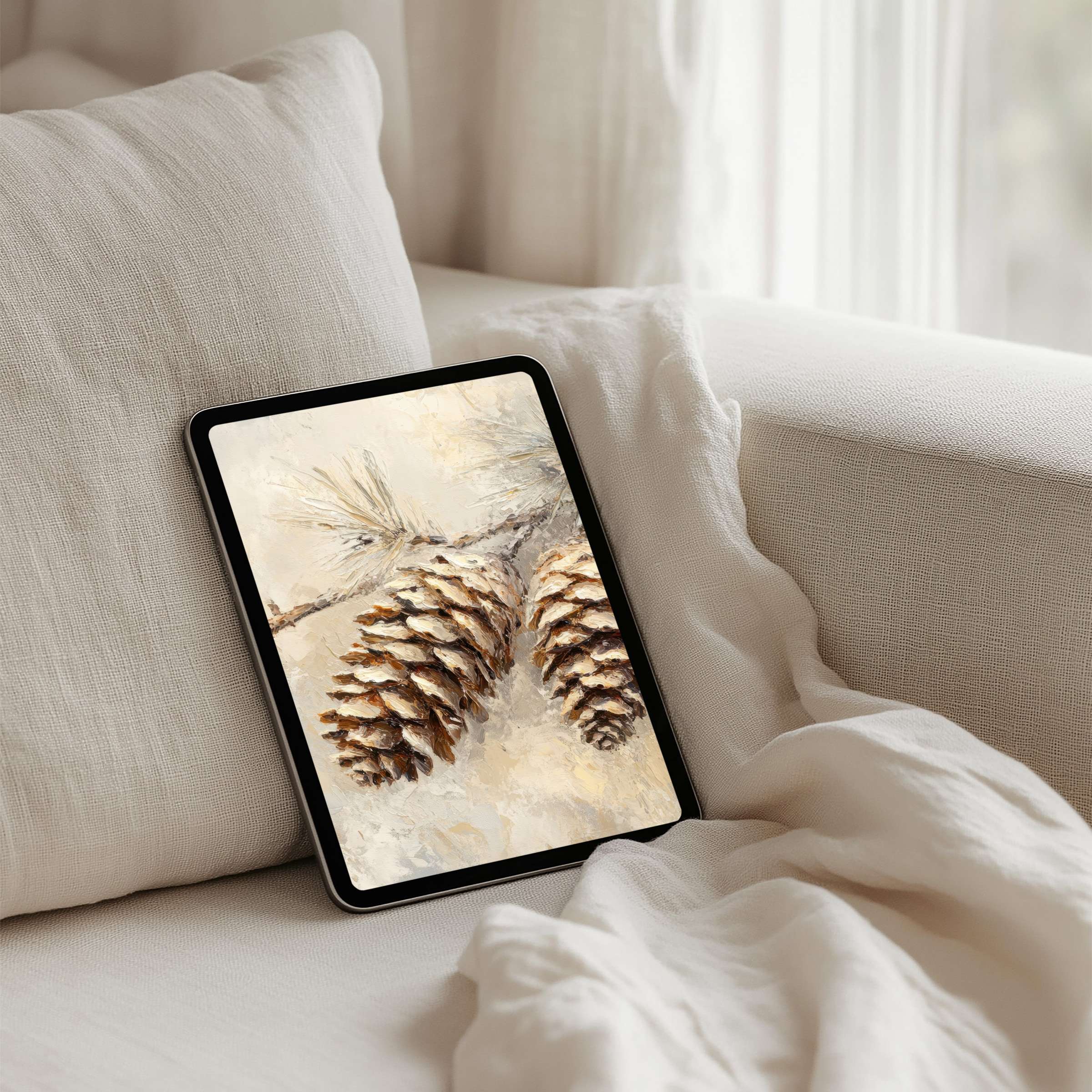 Elegant pinecone artwork iPad background for tablets captures calm beauty with neutral tones perfect for instant download inspiration