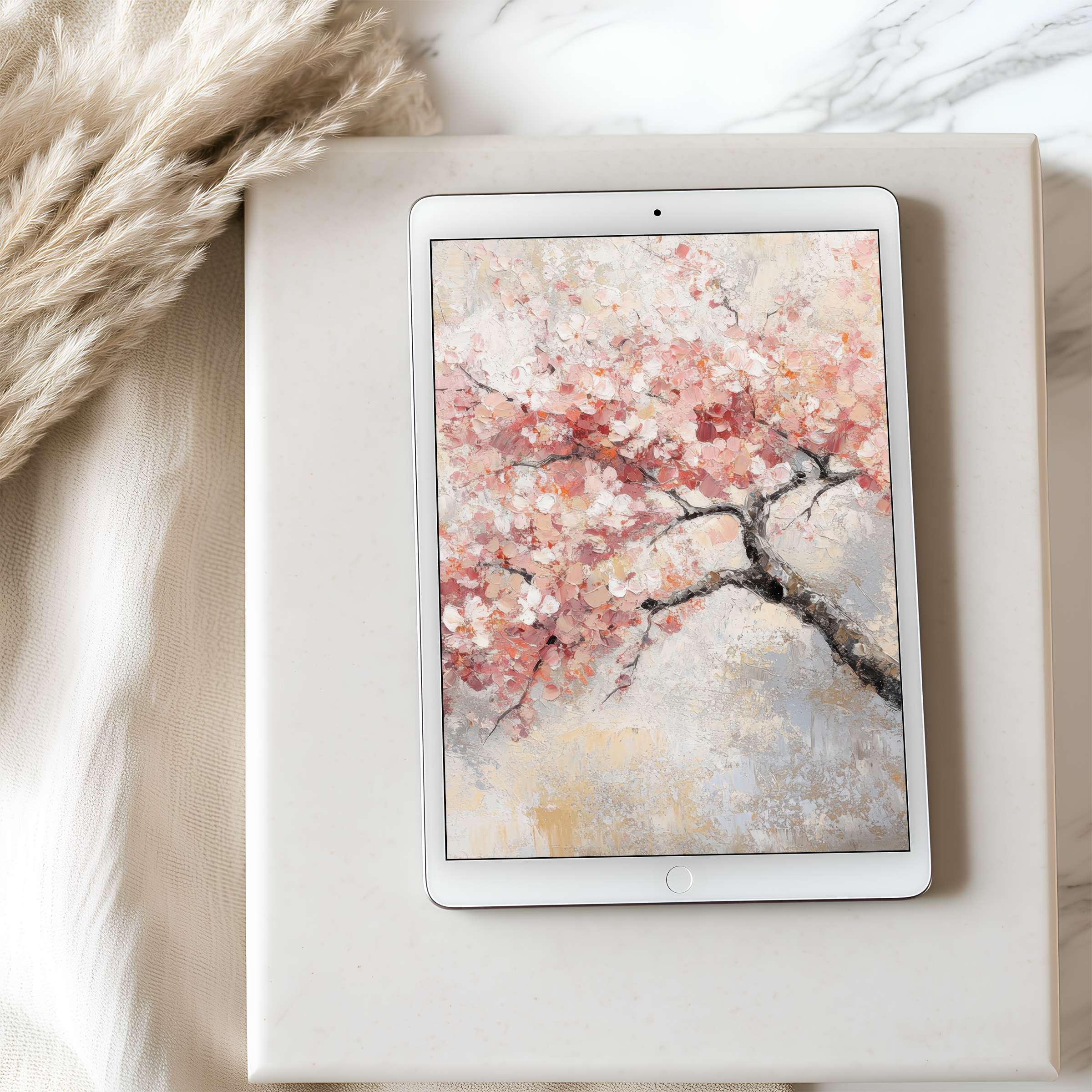 Elegant pastel cherry blossom tablet wallpaper for iPad, offering a calming aesthetic in high resolution, perfect for digital download