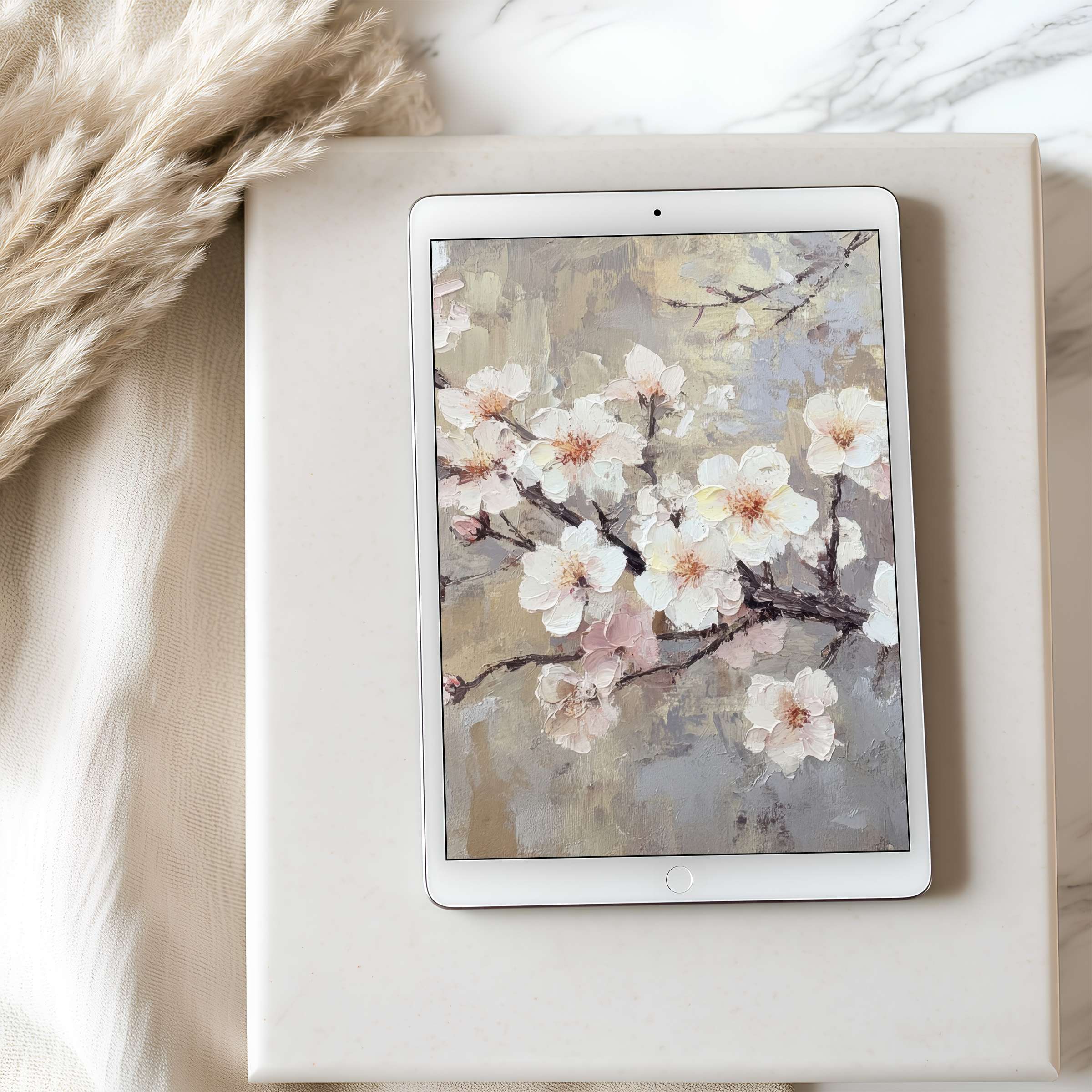 Elegant floral tablet wallpaper featuring serene cherry blossoms in soft beige tones beautifully complements any iPad or digital download