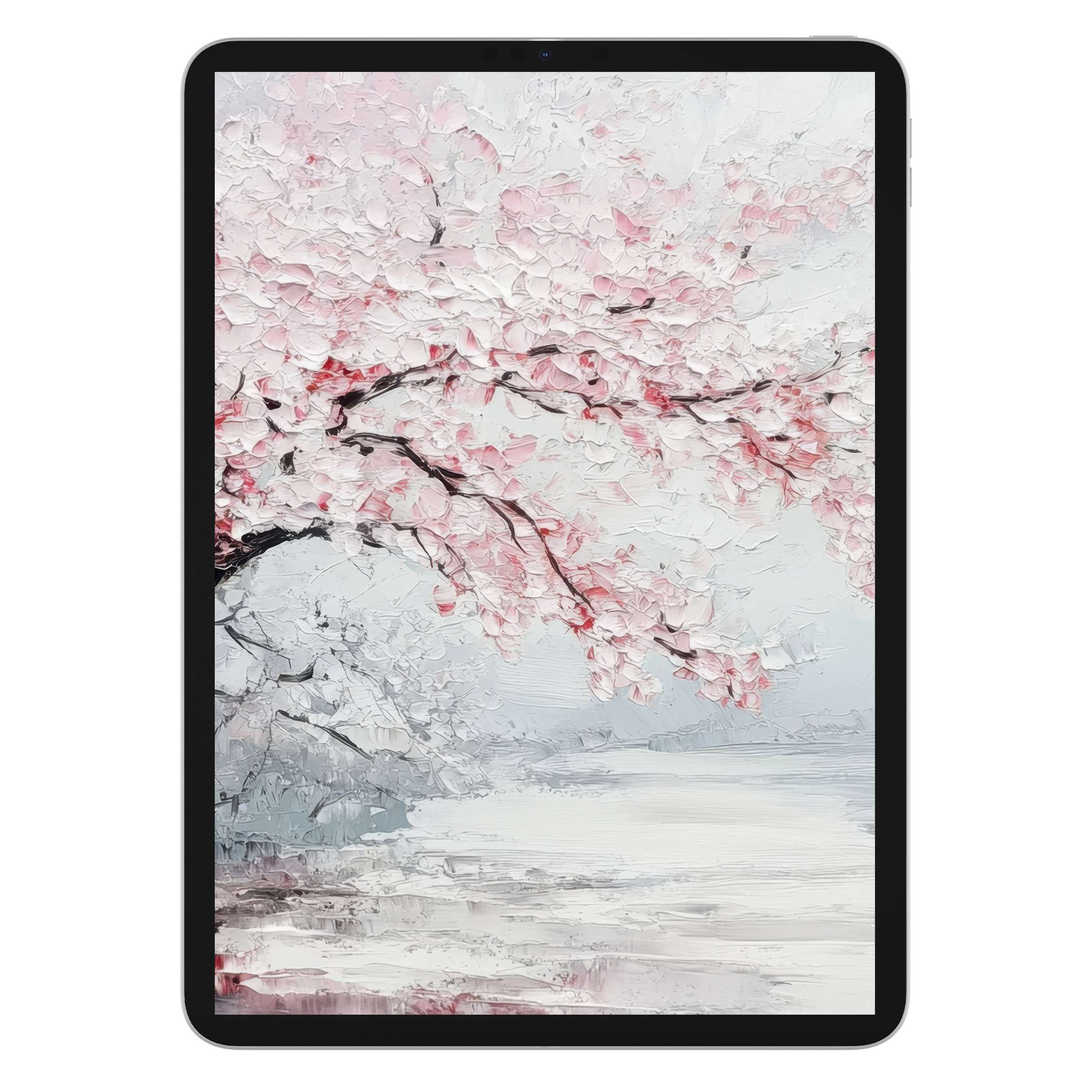 Elegant tree iPad wallpaper with pastel pink blossoms, perfect digital download for a serene tablet background and decor uplift