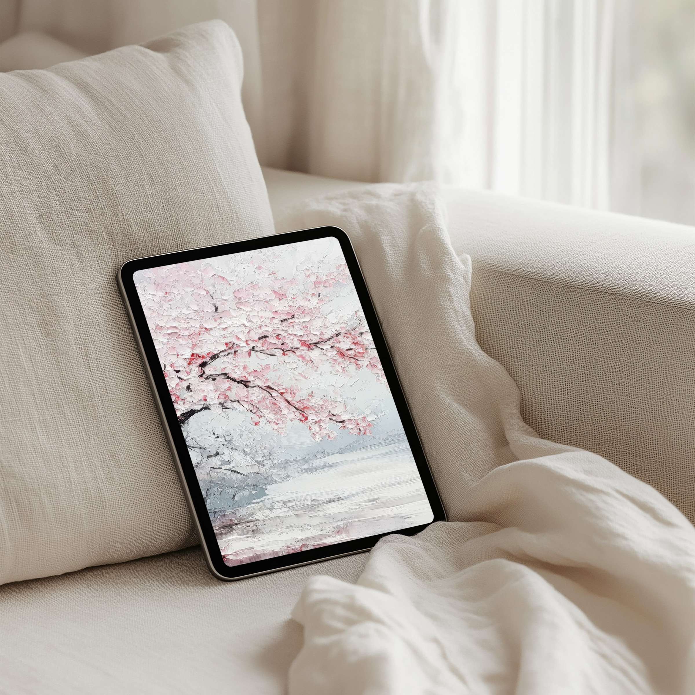Elegant cherry blossom art on iPad background offers calm inspiration for your tablet Instant download for mindful serenity