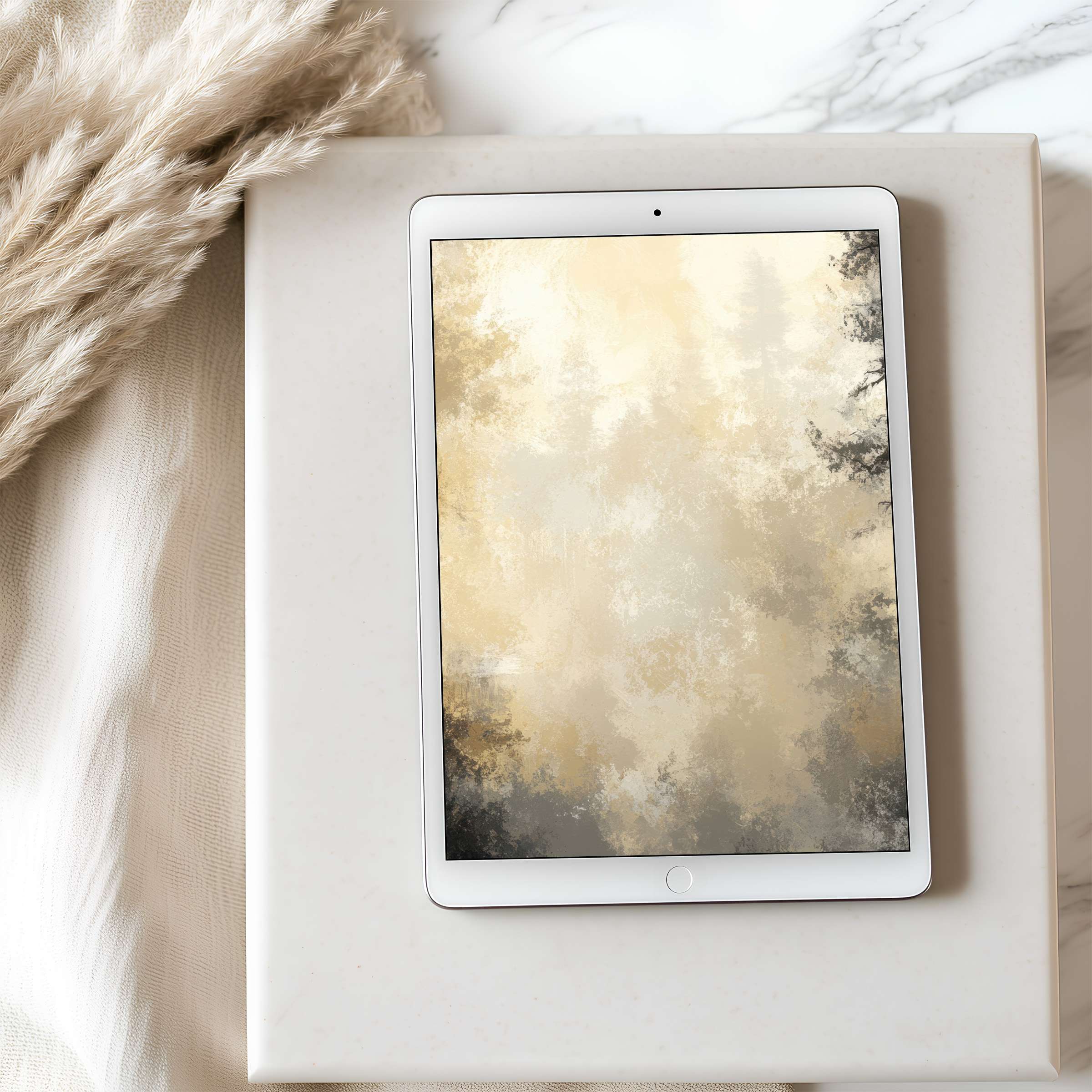 Elegant abstract tablet wallpaper featuring serene forest hues, perfect for iPad or Android, offering a calming digital download