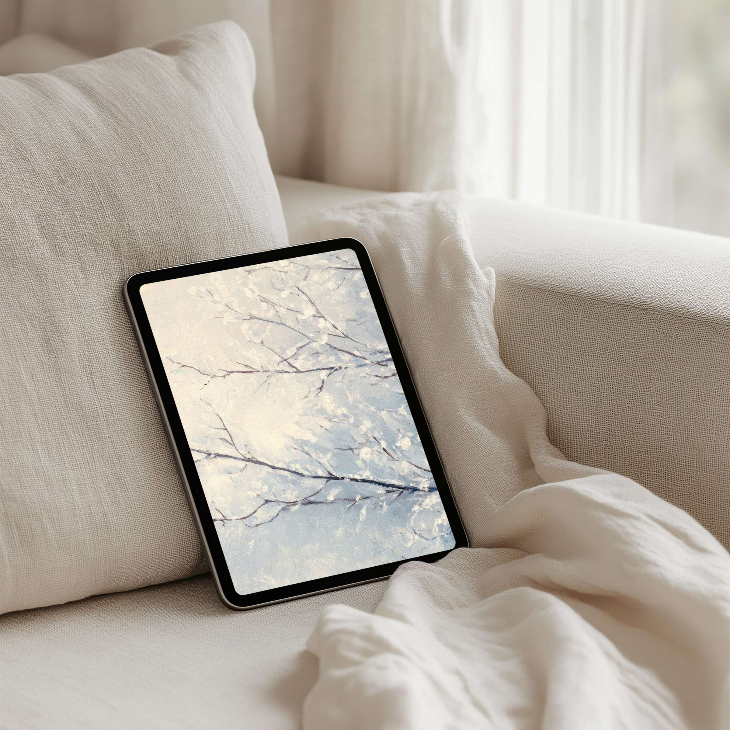 Tranquil iPad background with elegant pastel branches for instant download fits any tablet infusing calm and mindfulness