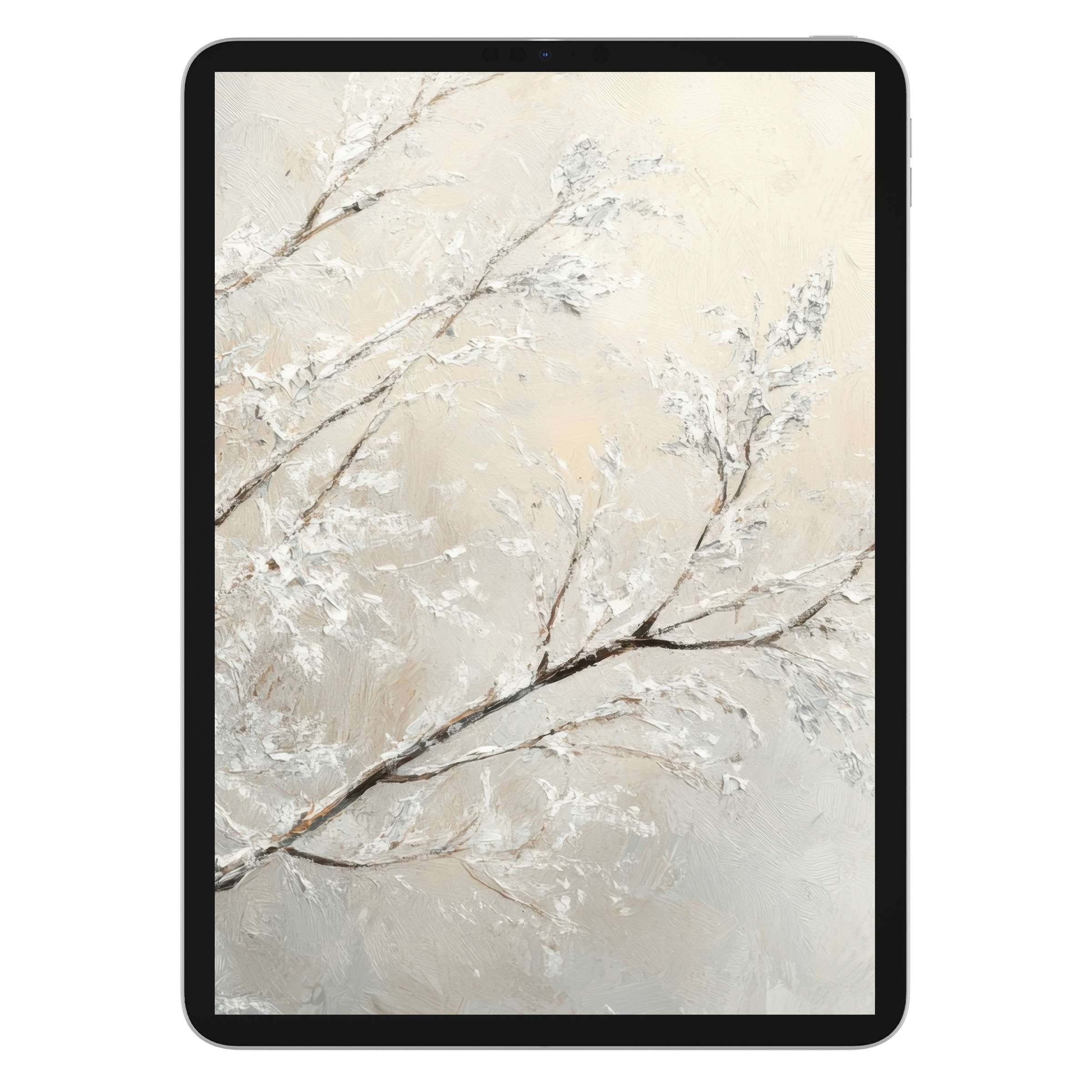 Elegant tree iPad wallpaper, digital download with soft beige and white textures, perfect tablet background for serene ambiance