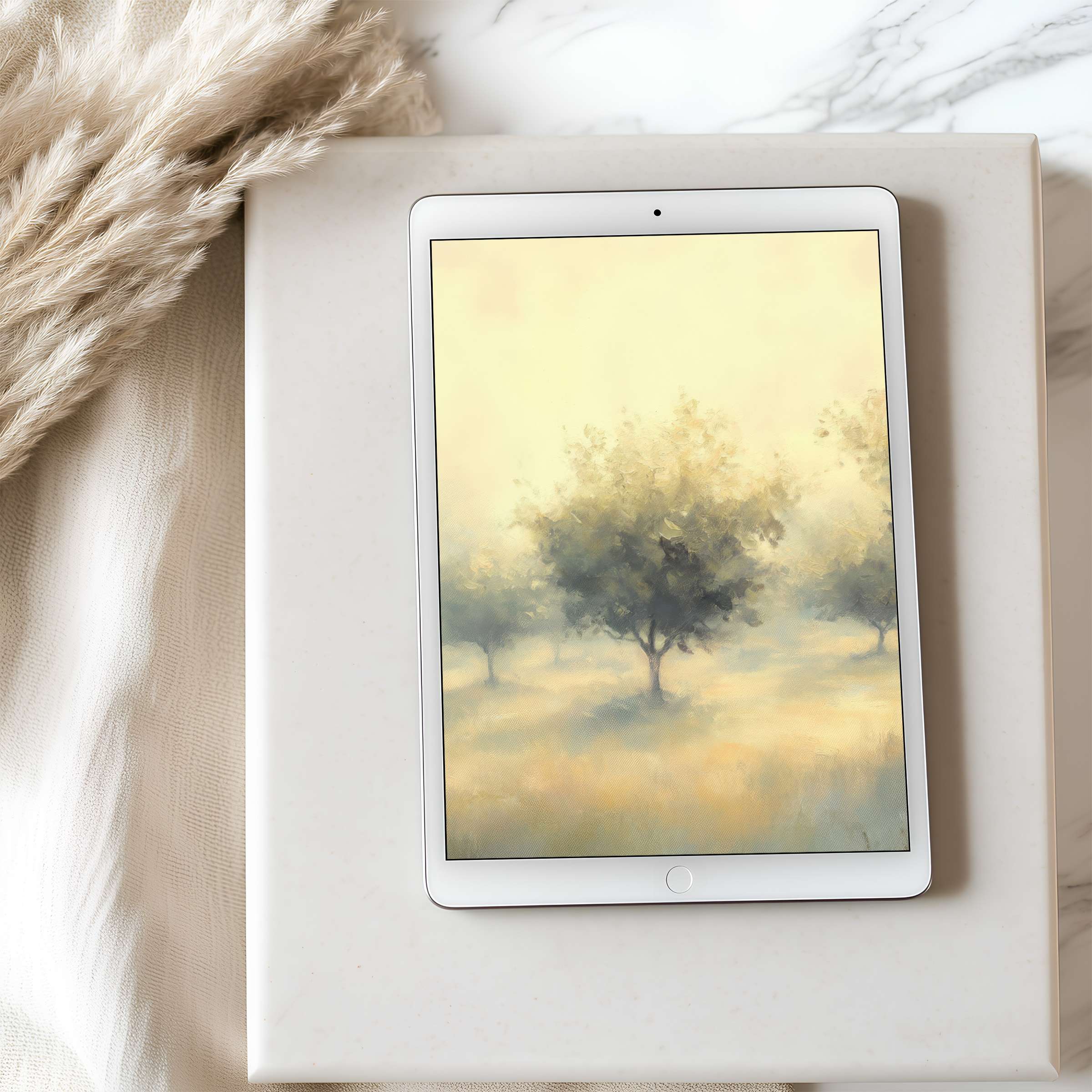 Elegant tablet wallpaper featuring serene pastel trees, ideal for iPad and Android tablets, offers calmness and high resolution appeal