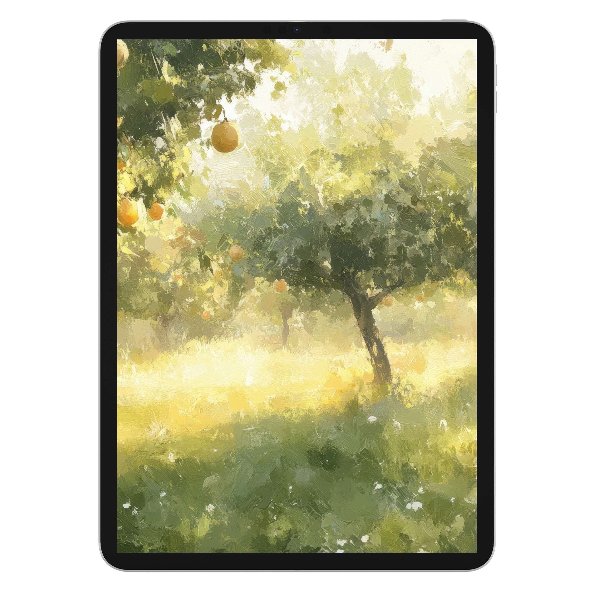 Serene tree iPad wallpaper with a sunlit orchard blends vibrant green and gold brushstrokes for elegant tablet background digital download