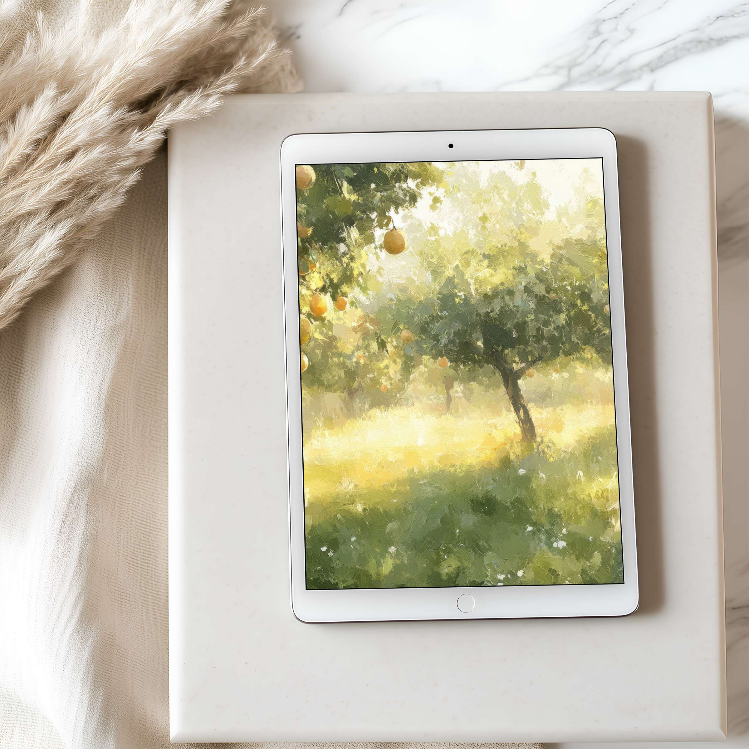 Elegant tablet wallpaper featuring a serene orchard painting in soft greens and yellows perfect for iPad or Android download