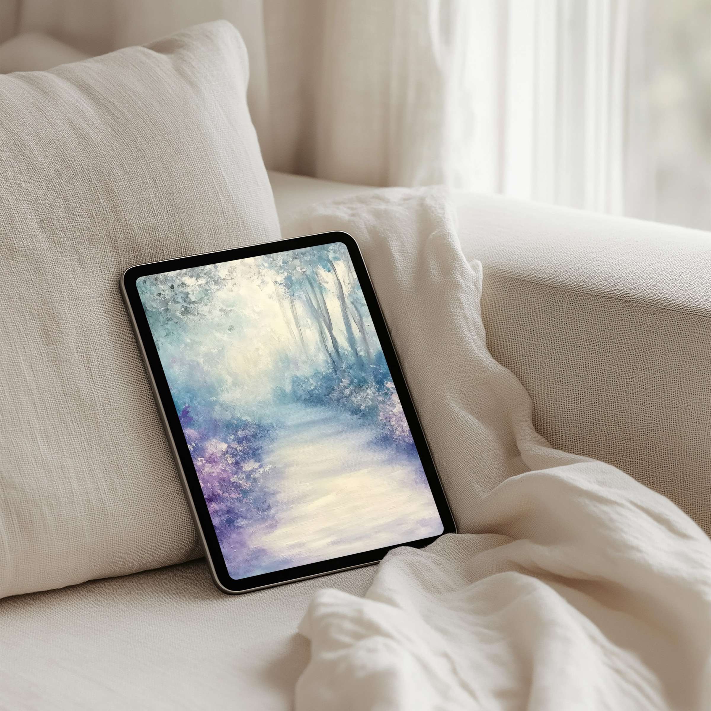 Serene pastel forest iPad background for instant download creates a calming, elegant tablet atmosphere with dreamy inspiration