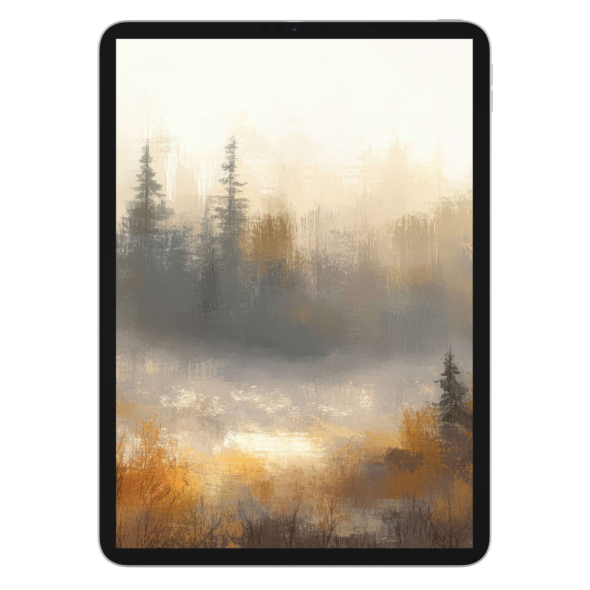 Serene, misty forest landscape tree iPad wallpaper as a digital download offers a calming background for any tablet user