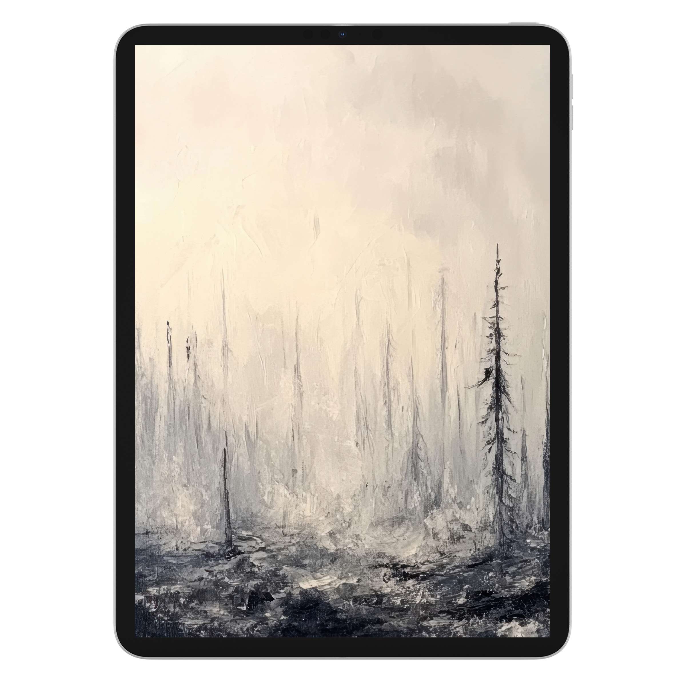 Misty forest scene in grayscale with lone tree, creating a calming tree iPad wallpaper for tablet background digital download elegance