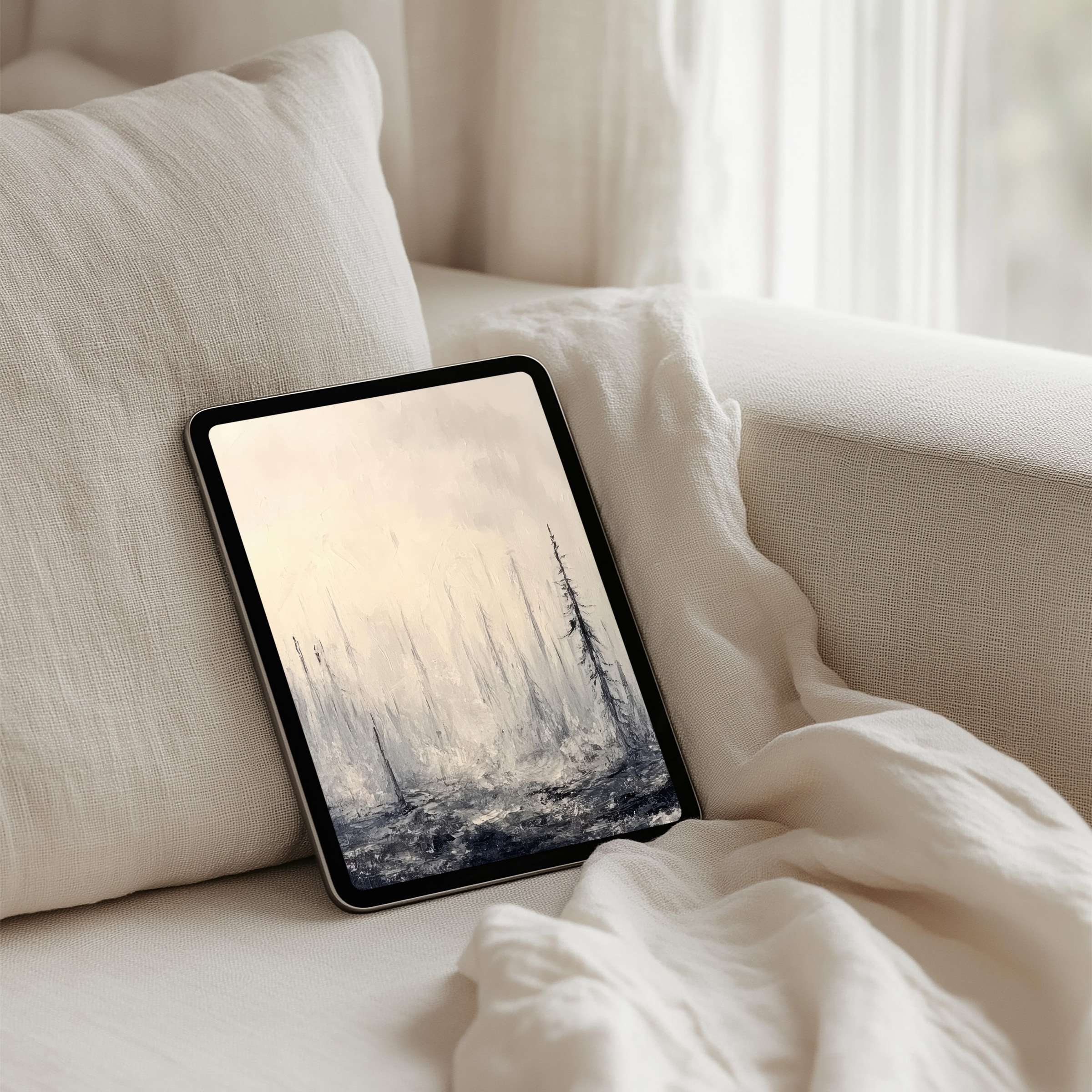 Serene abstract iPad background in soft grays and creams exudes calm and inspiration for tablets with instant download