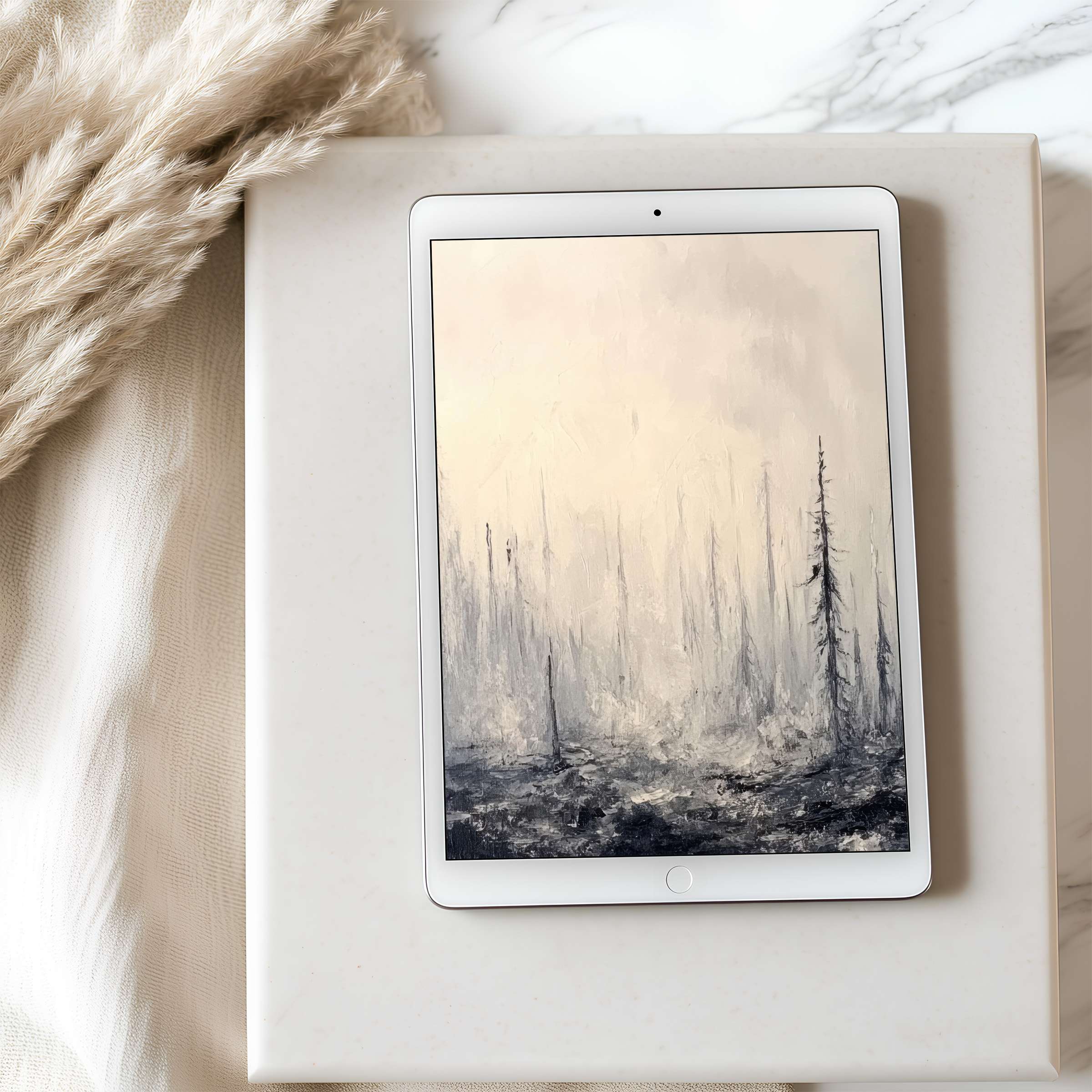 Elegant abstract forest scene tablet wallpaper in soothing grays and creams offers high resolution beauty for iPad or Android download