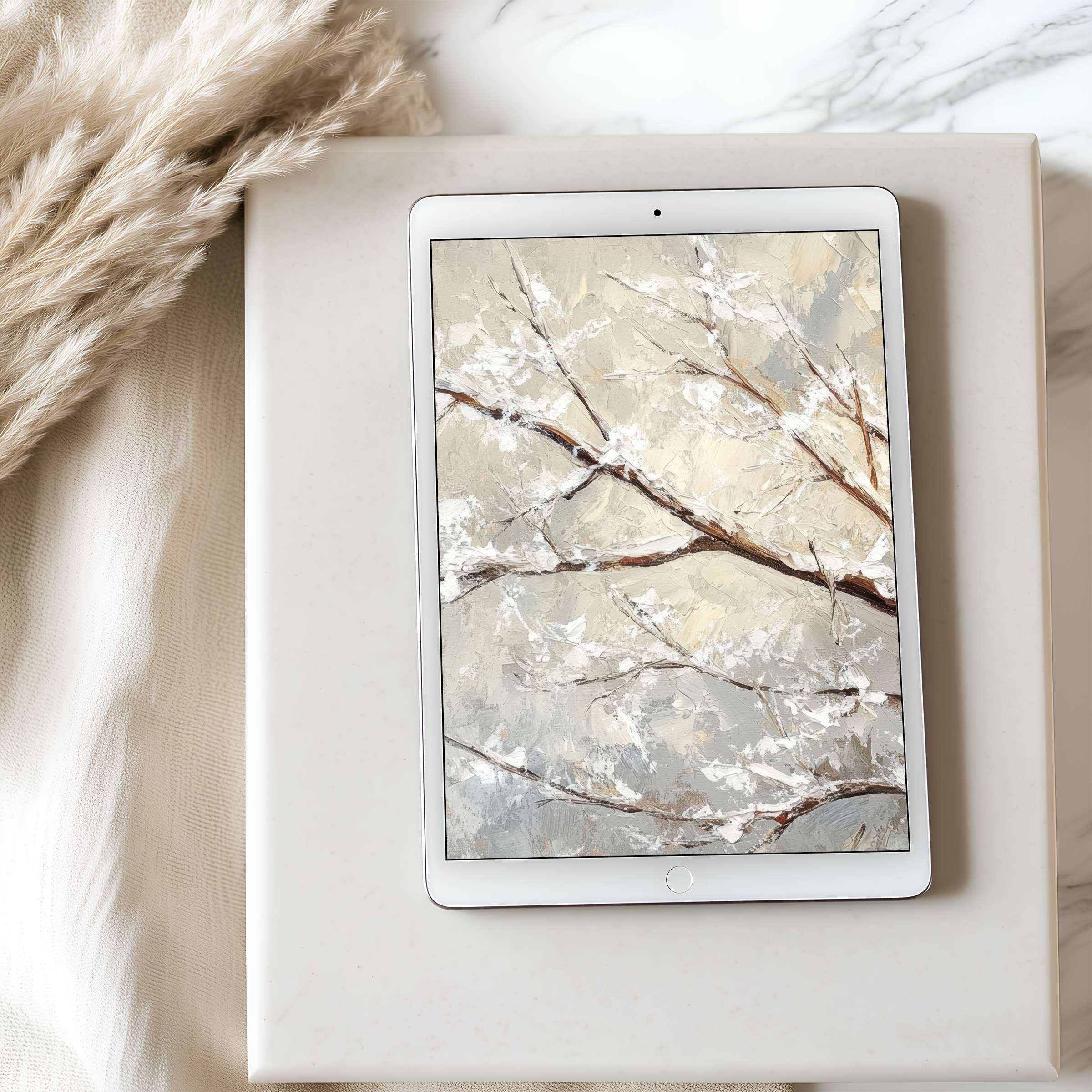 Elegant tablet wallpaper featuring serene winter branches in neutral tones perfect for high-resolution iPad downloads and sustainability-focused decor