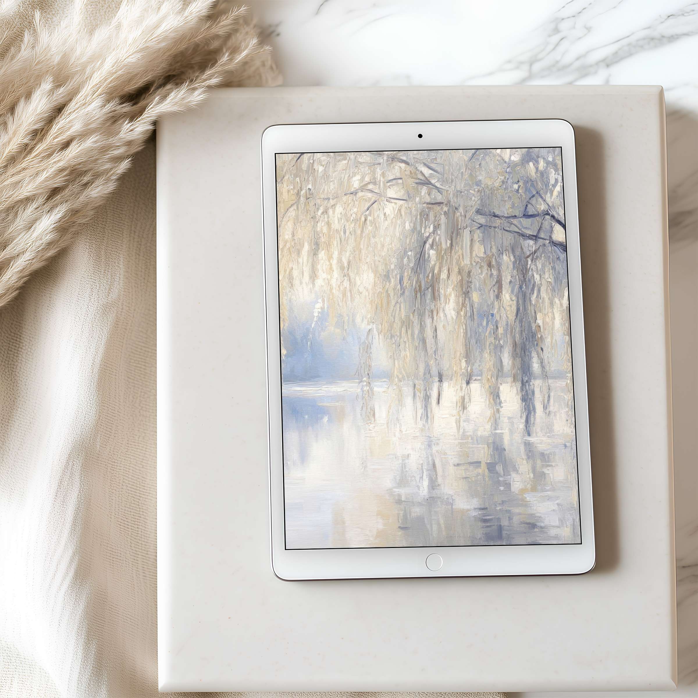 Elegant tablet wallpaper featuring serene pastels and weeping willow, perfect for iPad or Android tablets; high-resolution digital download