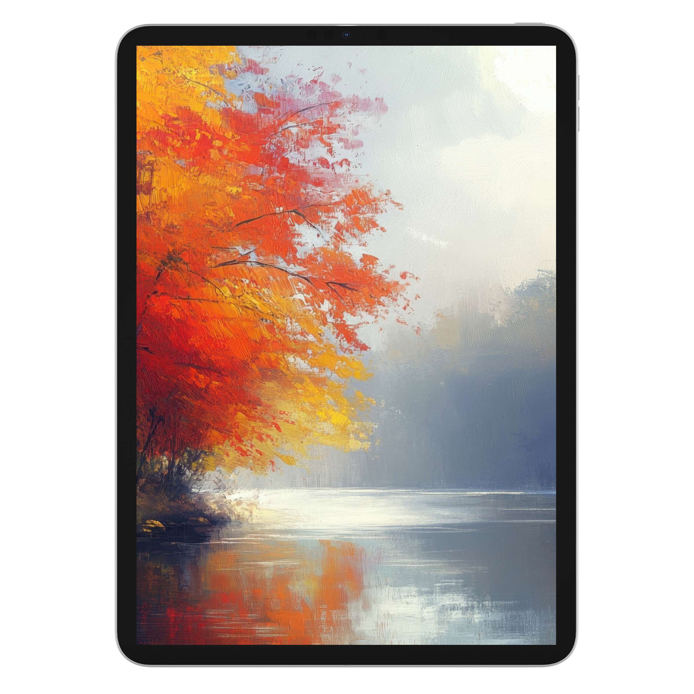 Vibrant tree iPad wallpaper depicting serene autumn foliage on calm water, perfect tablet background for digital download tranquility