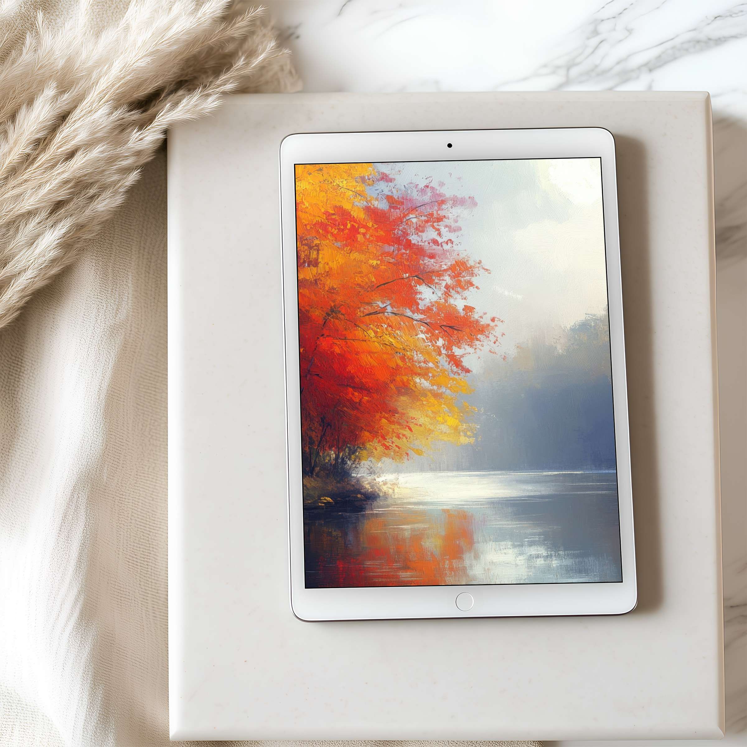 Elegant tablet wallpaper featuring a serene autumn landscape with vivid orange trees and calm waters ideal for iPad digital download