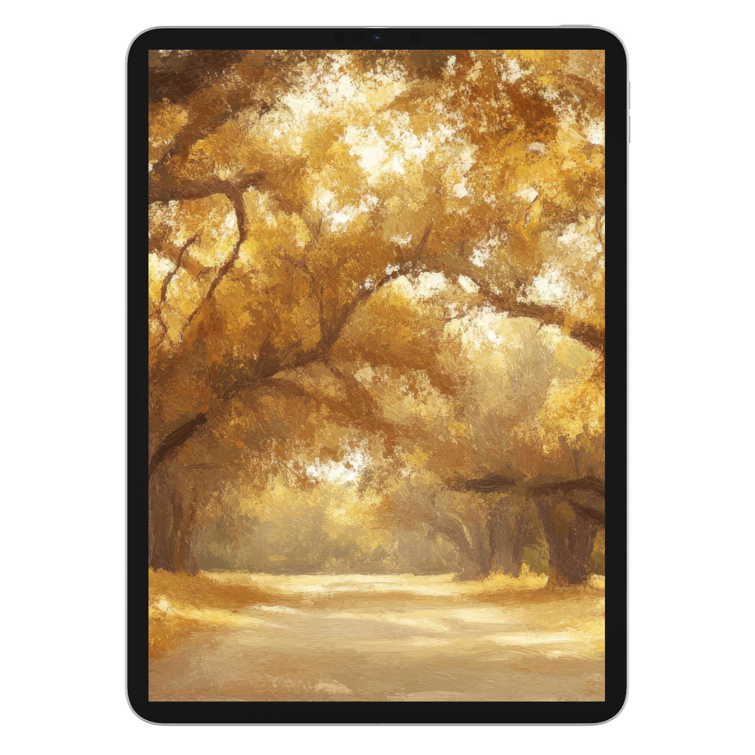 Golden autumn tree iPad wallpaper offers a serene digital download, perfect as a background for tablets like Samsung and Android