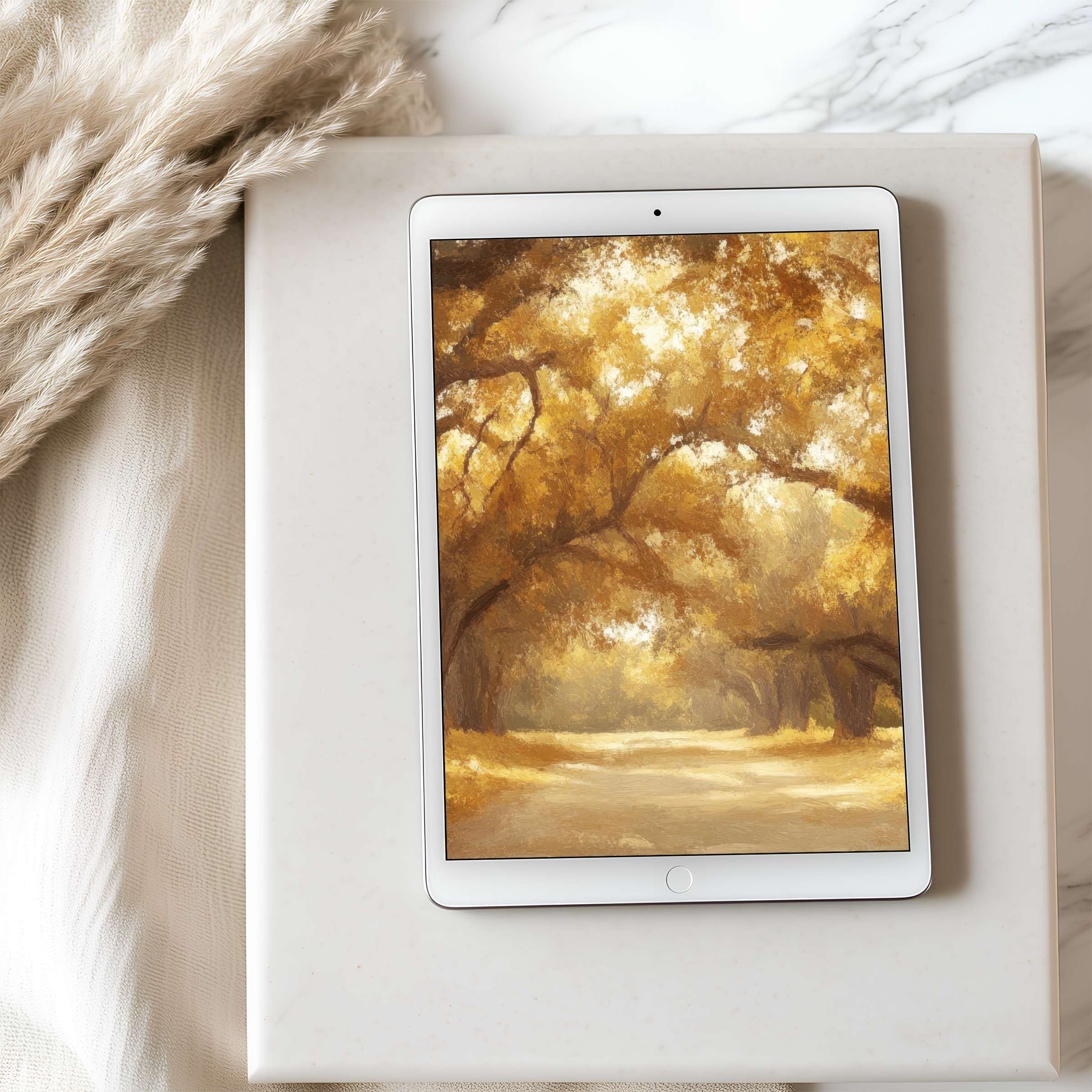 Golden-hued forest tablet wallpaper on iPad exudes serenity in high resolution for an elegant digital download, beautifully curated
