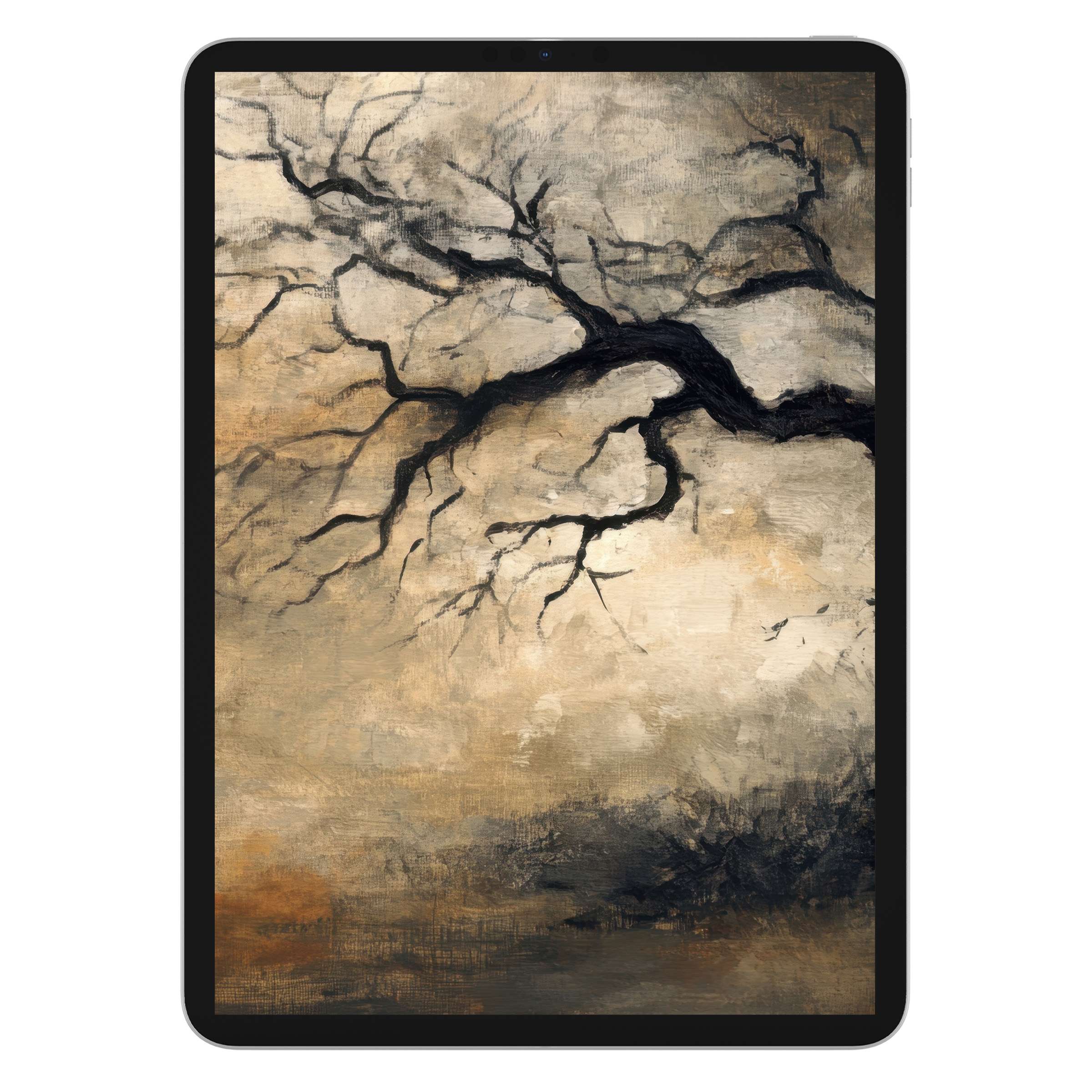 Elegant tree iPad wallpaper with abstract branches, earthy tones create soothing background for tablet screens, digital download available