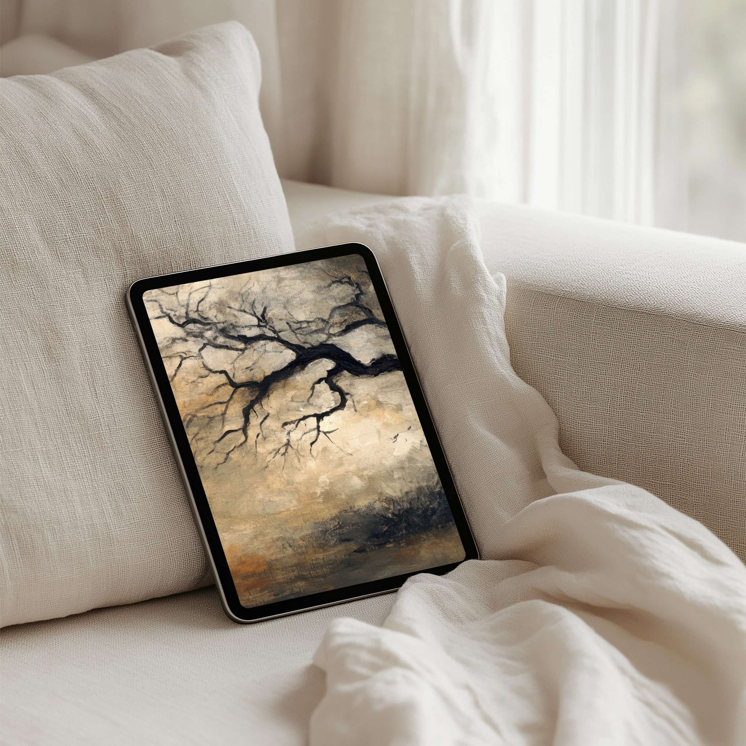Serene abstract art of a tree on an iPad background evokes calm, elegance, and inspiration; instant download for any tablet user