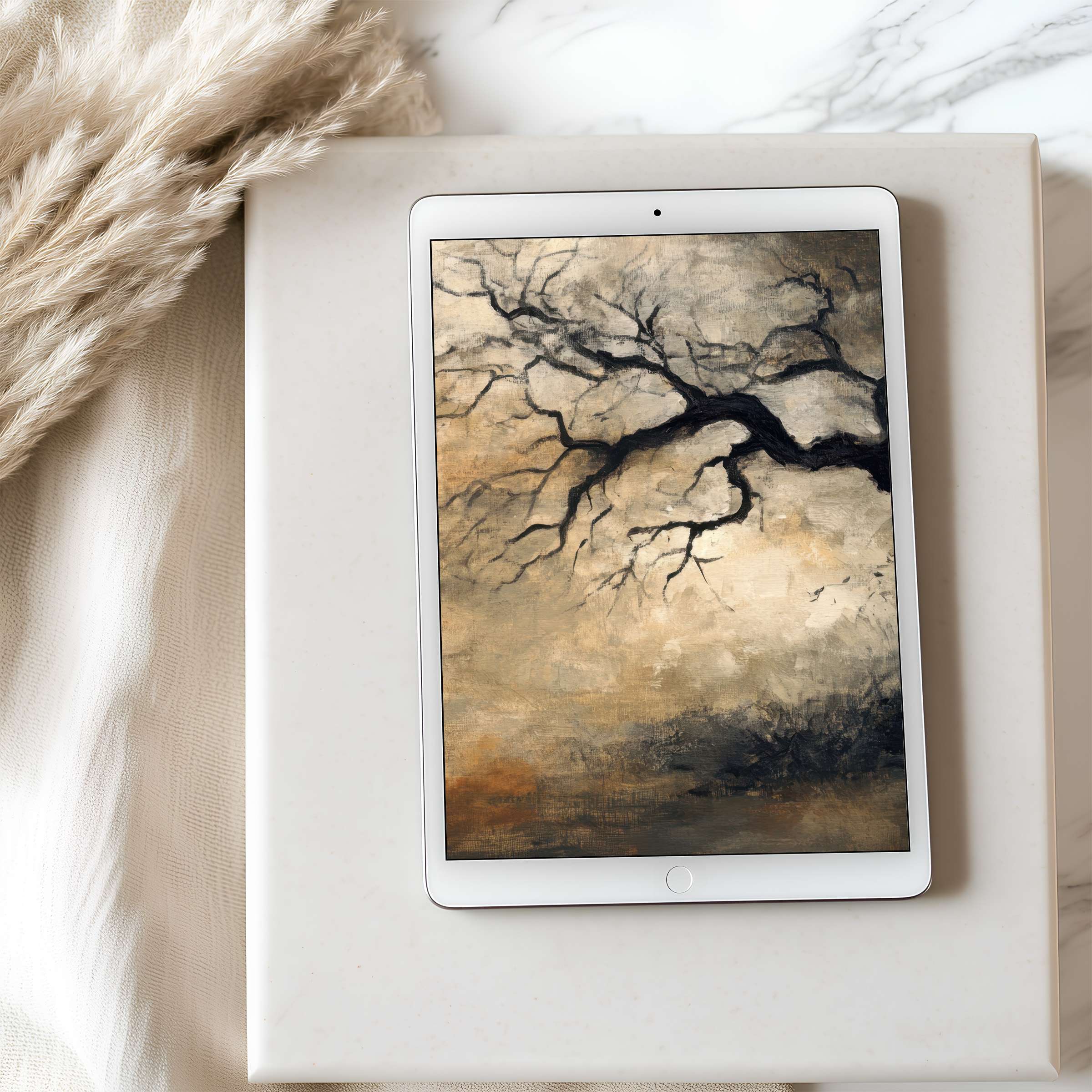 Elegant tablet wallpaper showcasing an abstract tree branch in earthy tones, perfect for high-resolution digital downloads on iPad and Android