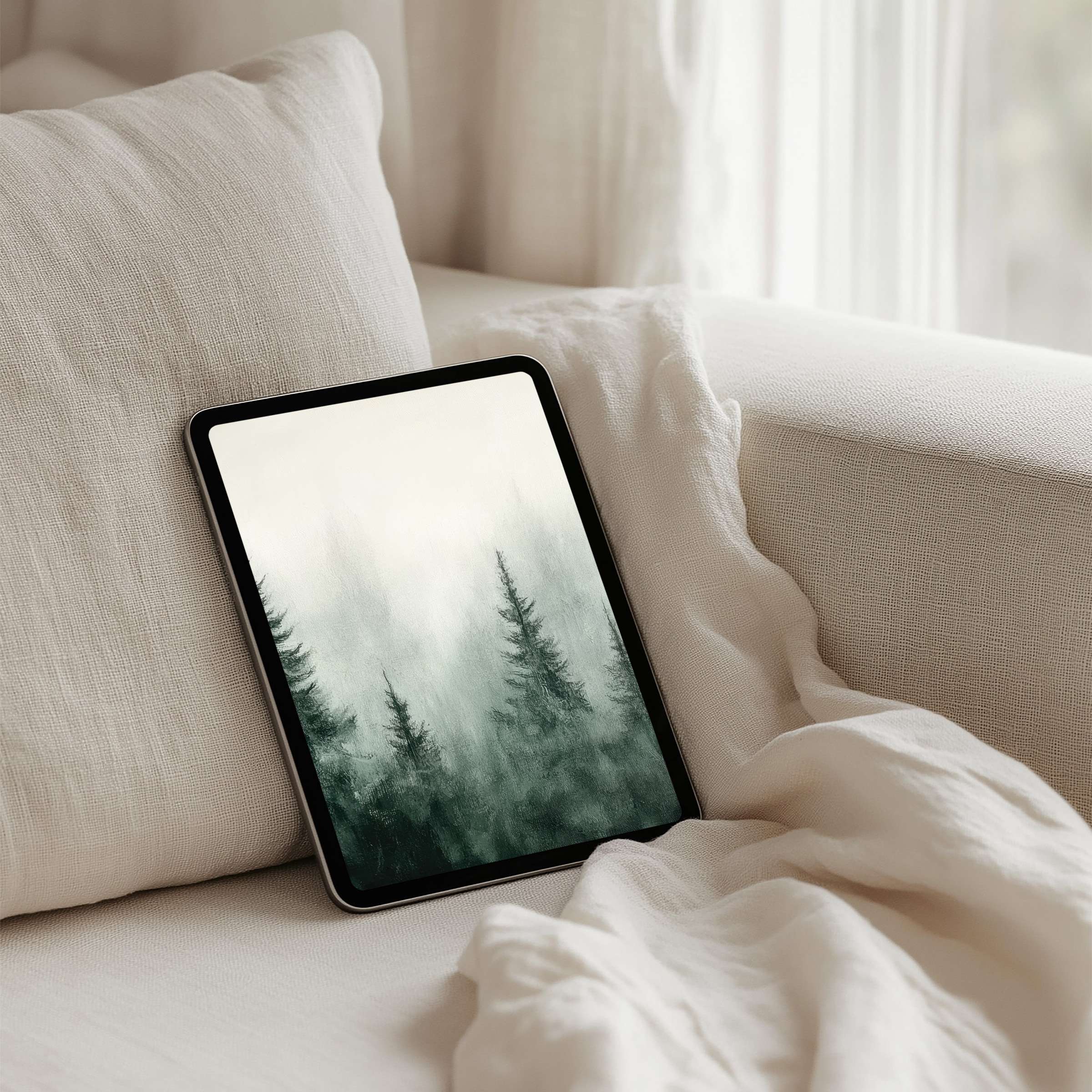 Cozy misty forest iPad background for instant download on any tablet offers serene elegance and mindful inspiration in design-conscious spaces