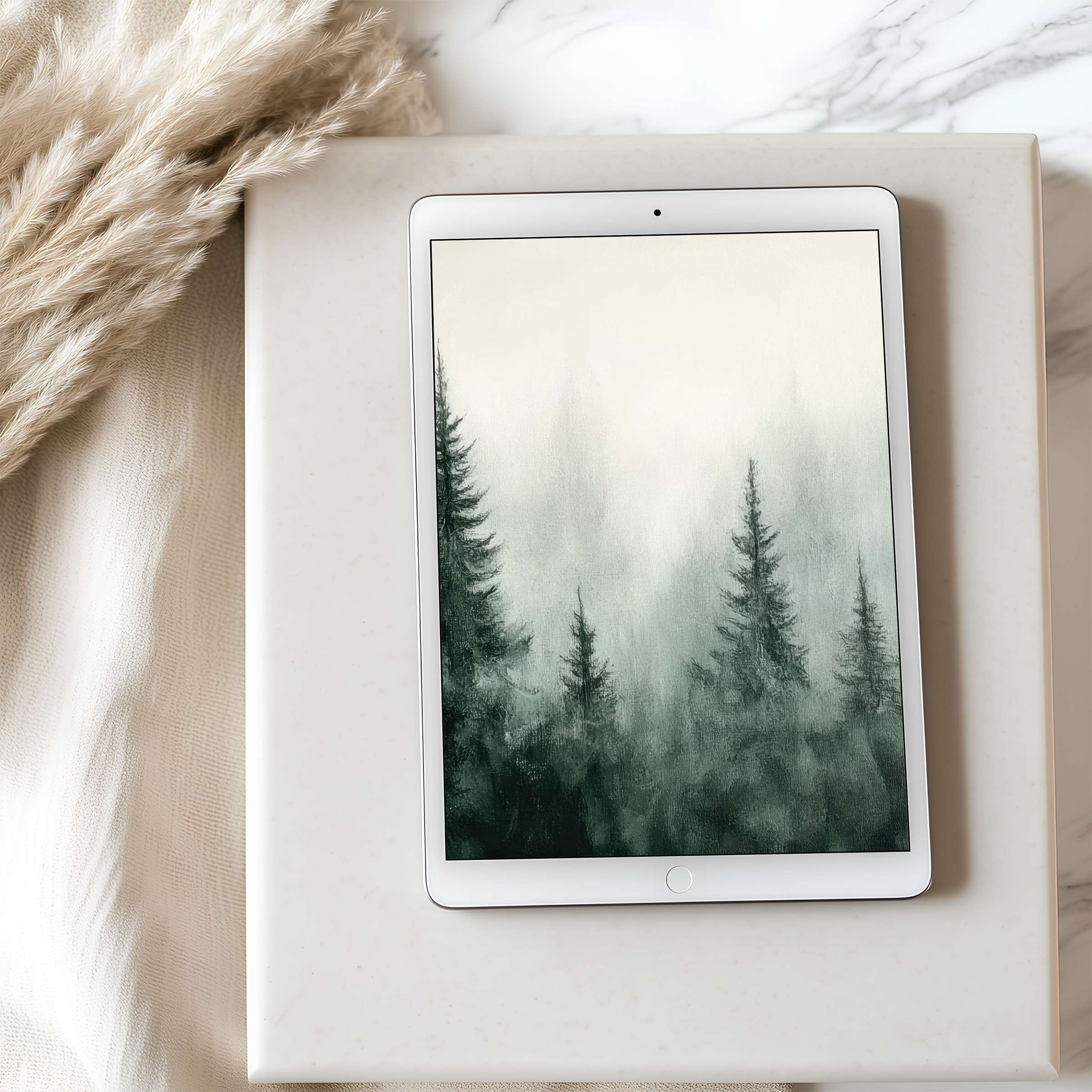 Tranquil forest scene tablet wallpaper in soft greens elegantly enhances your high-resolution iPad, perfect for digital downloads and serene decor