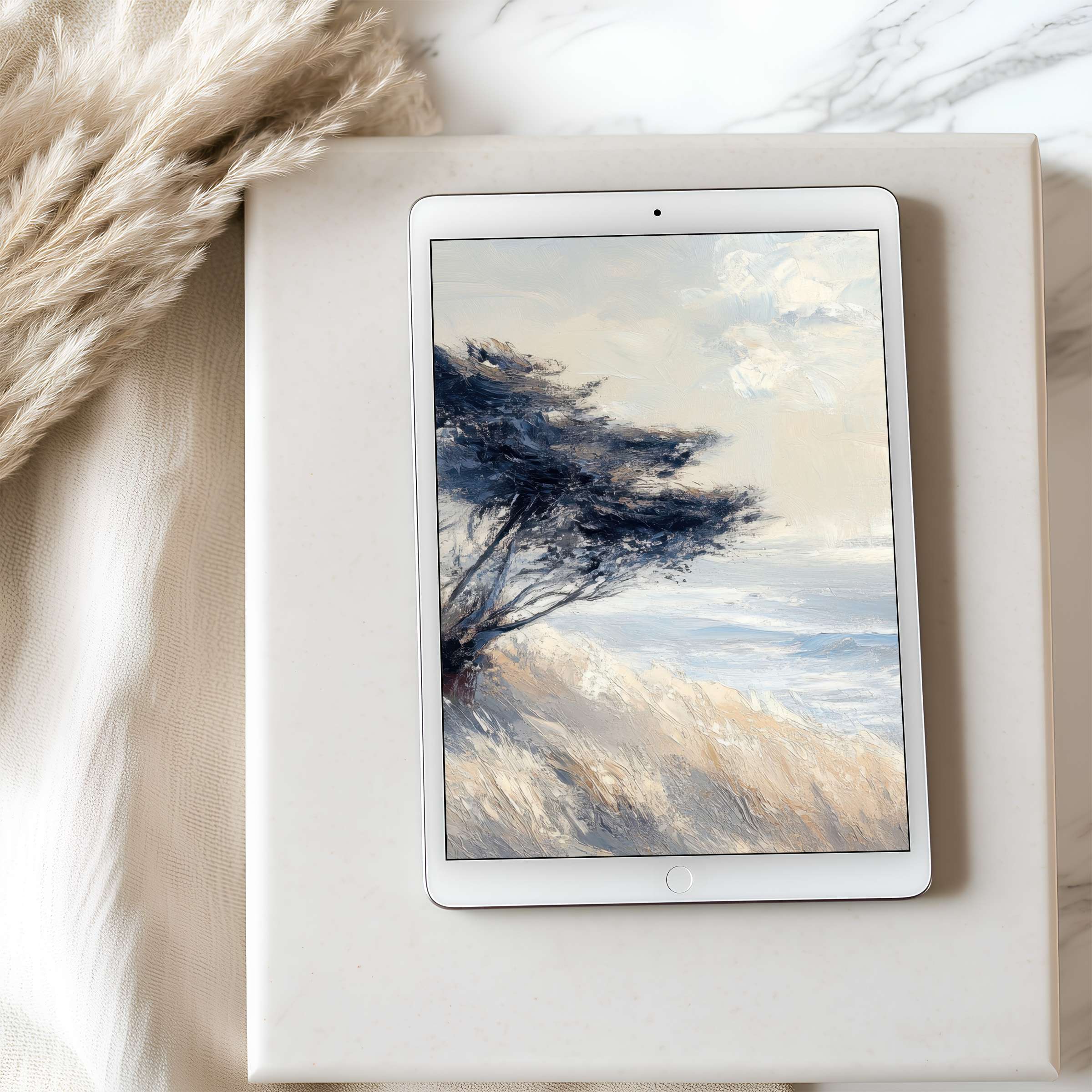 Elegant tablet wallpaper featuring serene coastal painting with muted tones, perfect for iPad and Android tablets, high resolution download