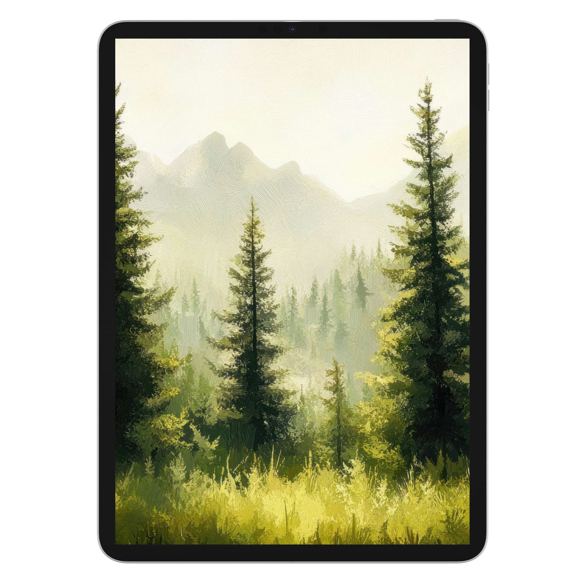 Calming tree iPad wallpaper with lush green forest and misty mountains, perfect digital download background for tablets and Android devices