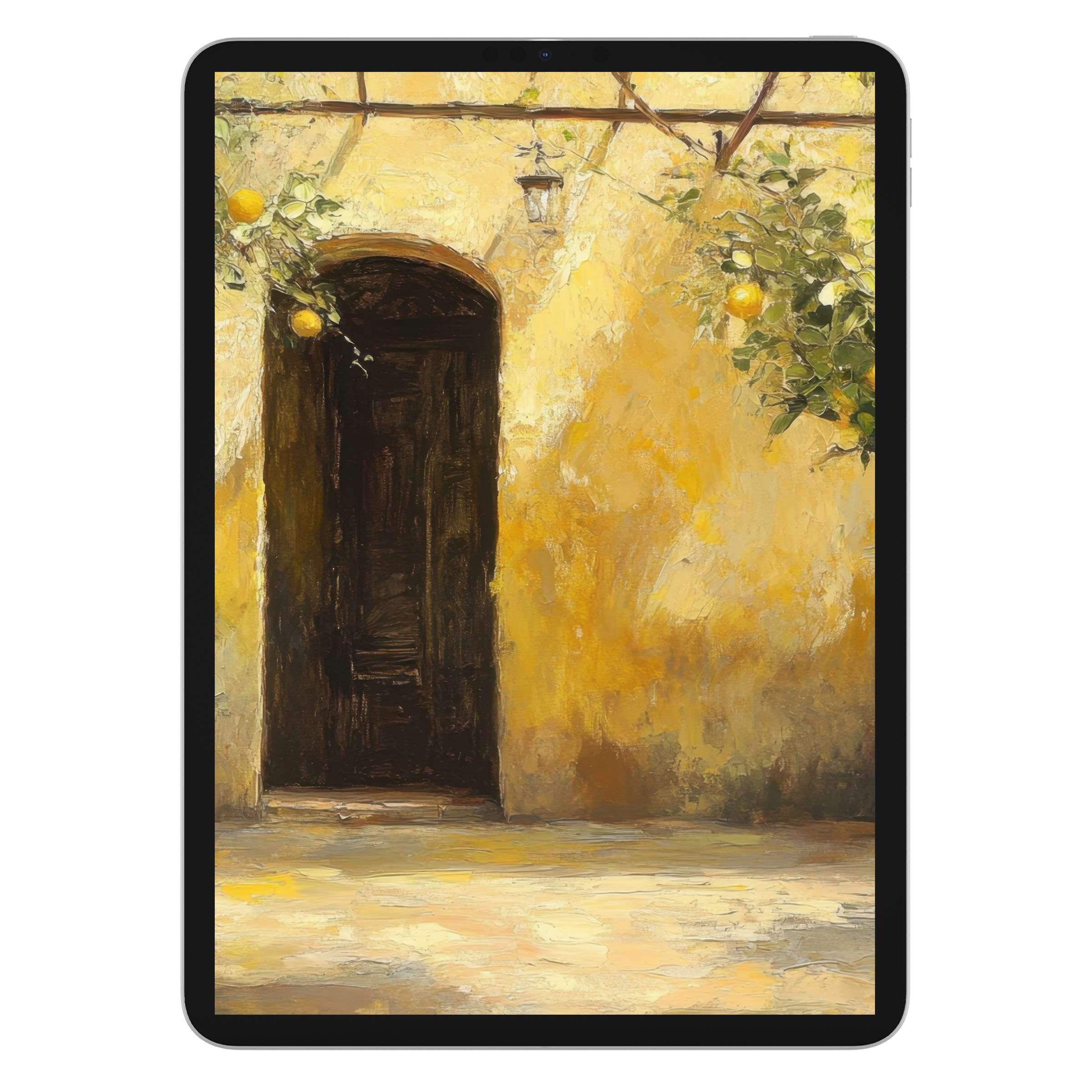 Elegant tree iPad wallpaper in soft yellow tones creates a tranquil tablet background; perfect digital download for serene ambiance