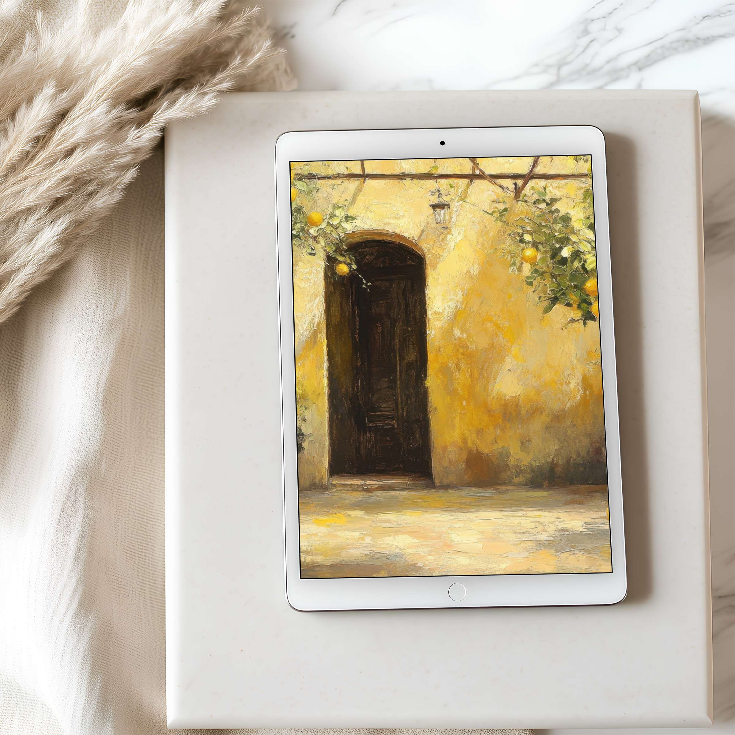 Elegant tablet wallpaper featuring a serene Mediterranean door scene in warm yellows, ideal for iPad use and digital download