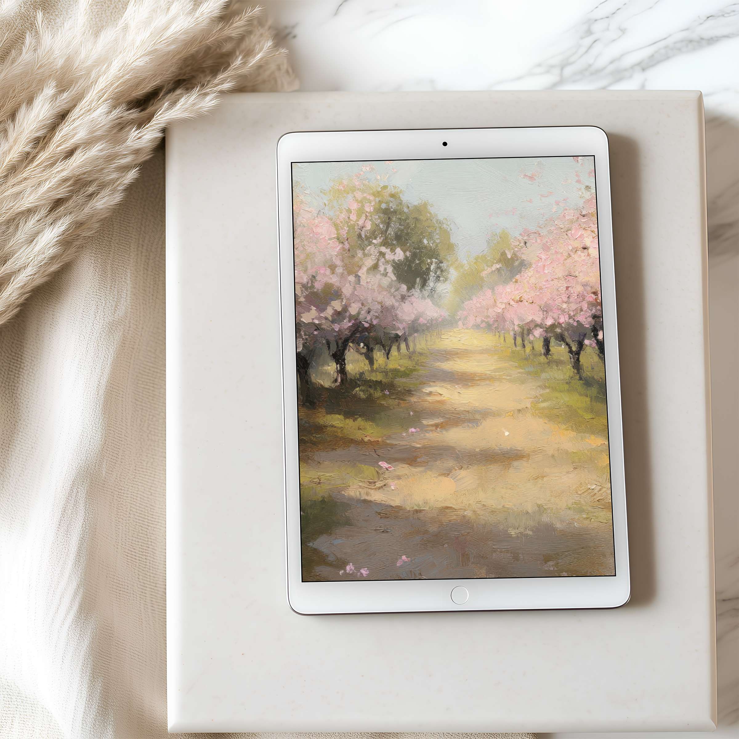 Serene tablet wallpaper featuring a high resolution landscape painting of a sunlit path through pink blossom trees, perfect for iPad decor