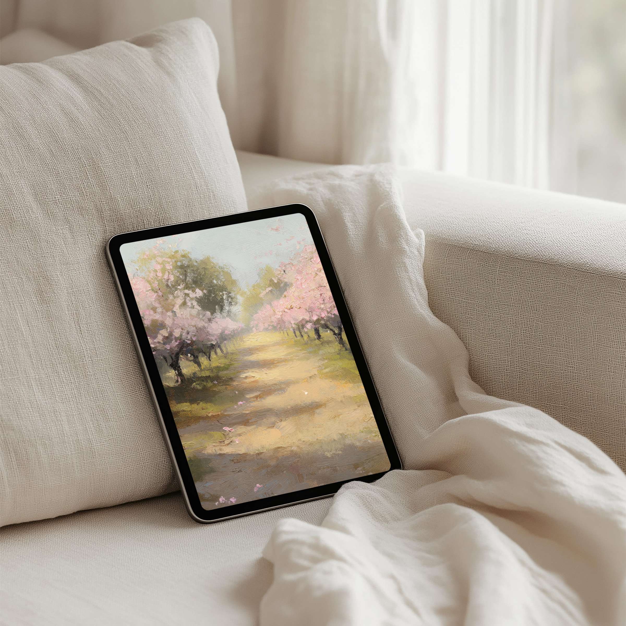 Elegant cherry blossom iPad background offers instant download for tablets, inspiring calm and mindfulness in serene home settings