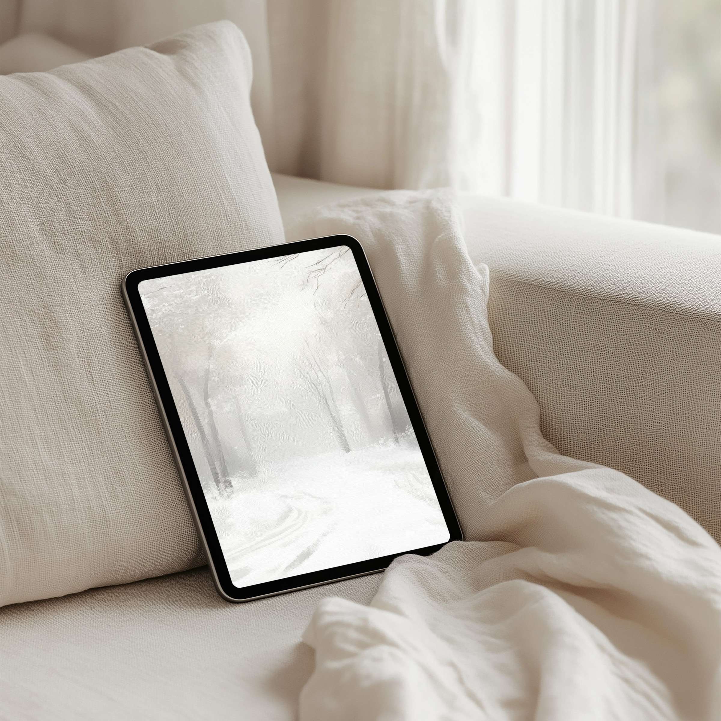 Elegant winter forest iPad background offers instant download for tablets, inspiring mindfulness and calm in minimalist white tones