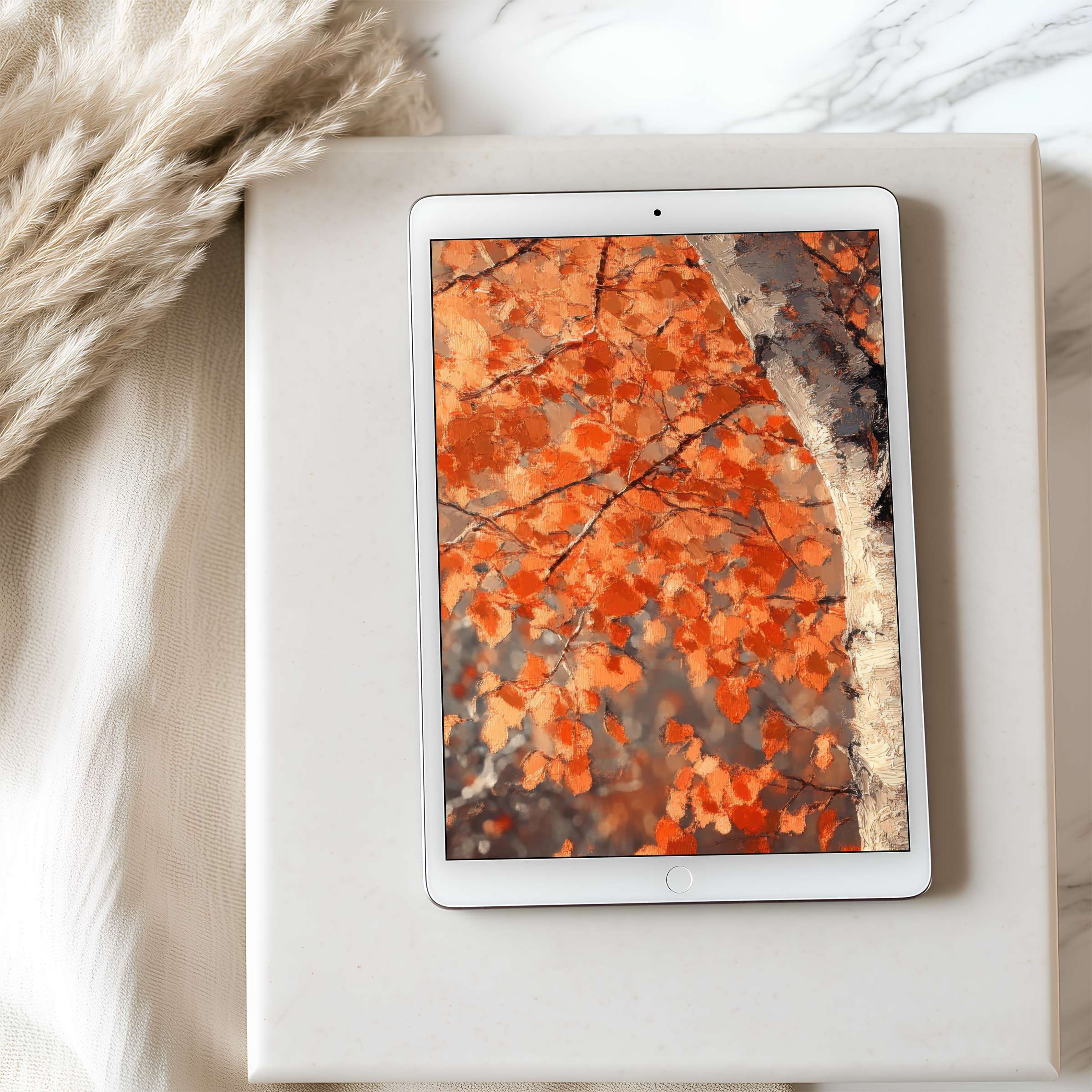 Elegant tablet wallpaper featuring vibrant orange autumn leaves on birch tree, perfect for high-resolution iPad or Android download