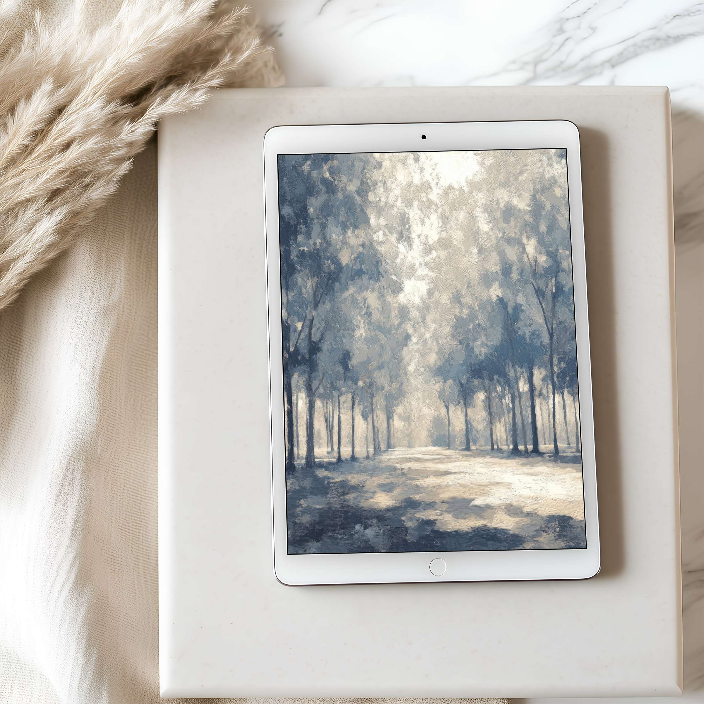 Elegant forest-themed tablet wallpaper in serene blues and creams offers a high resolution, calming experience for digital download