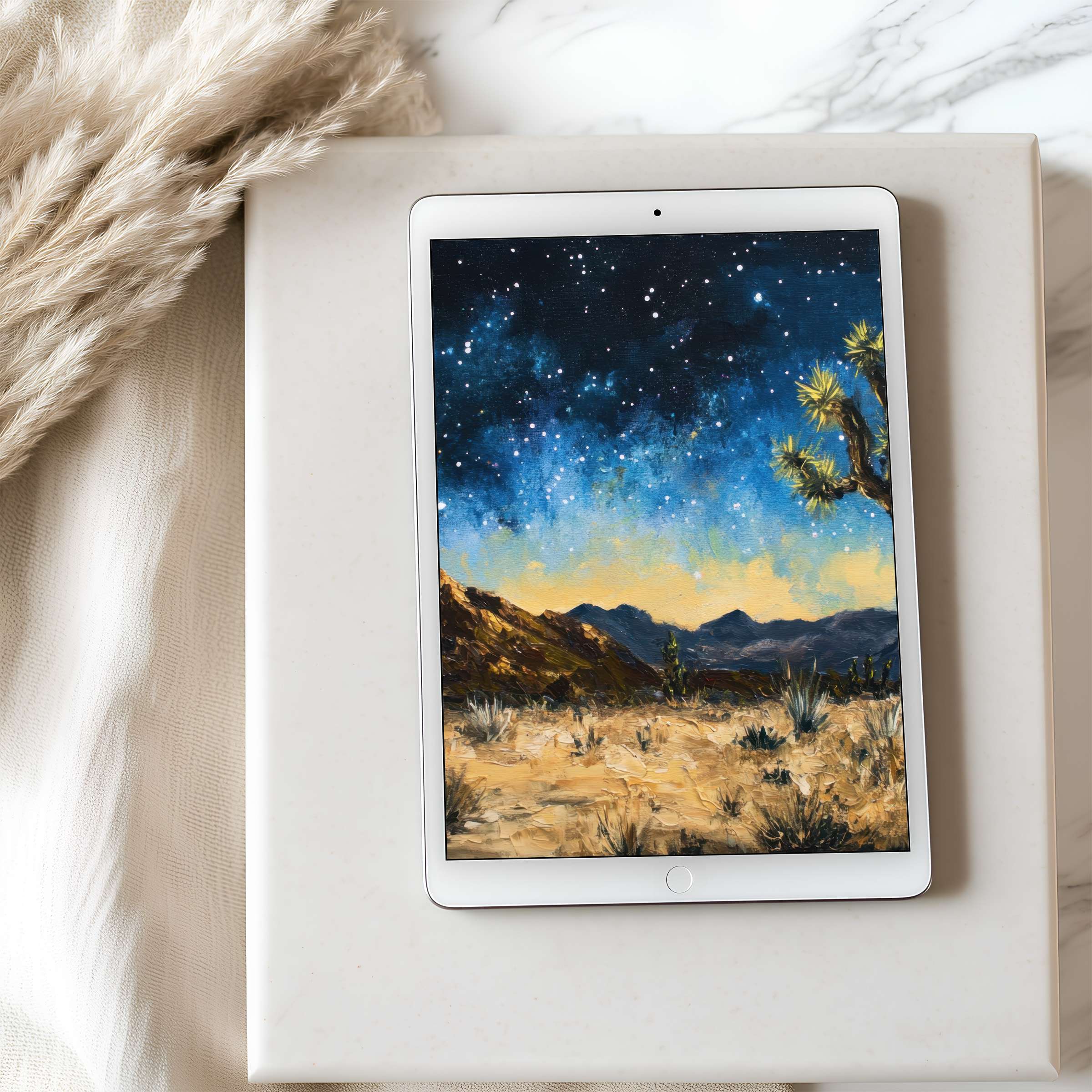 Tranquil desert night sky tablet wallpaper combines soothing hues and high resolution, perfect for iPad and Android tablets, digital download